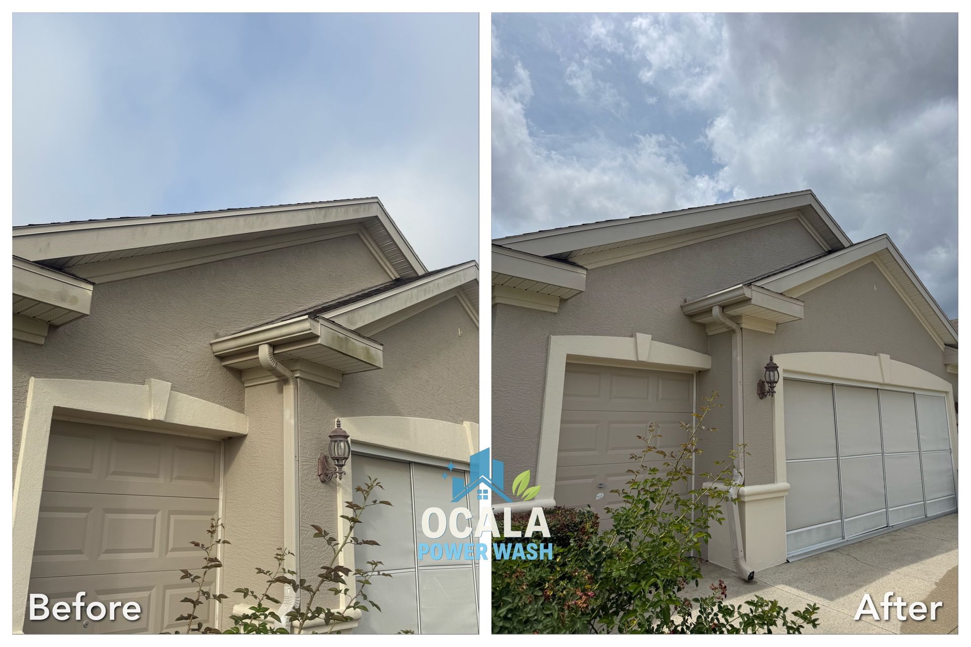 Before-and-after view of a house exterior with a garage and roof repair under a cloudy sky.
