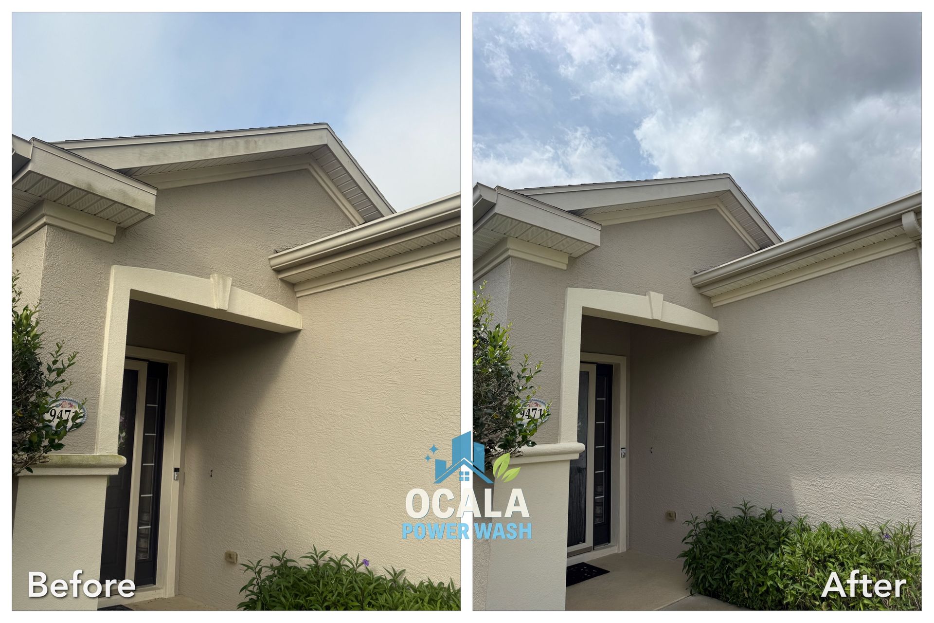 Before-and-after view of a beige house exterior with a repainted front entry and cloudy sky.