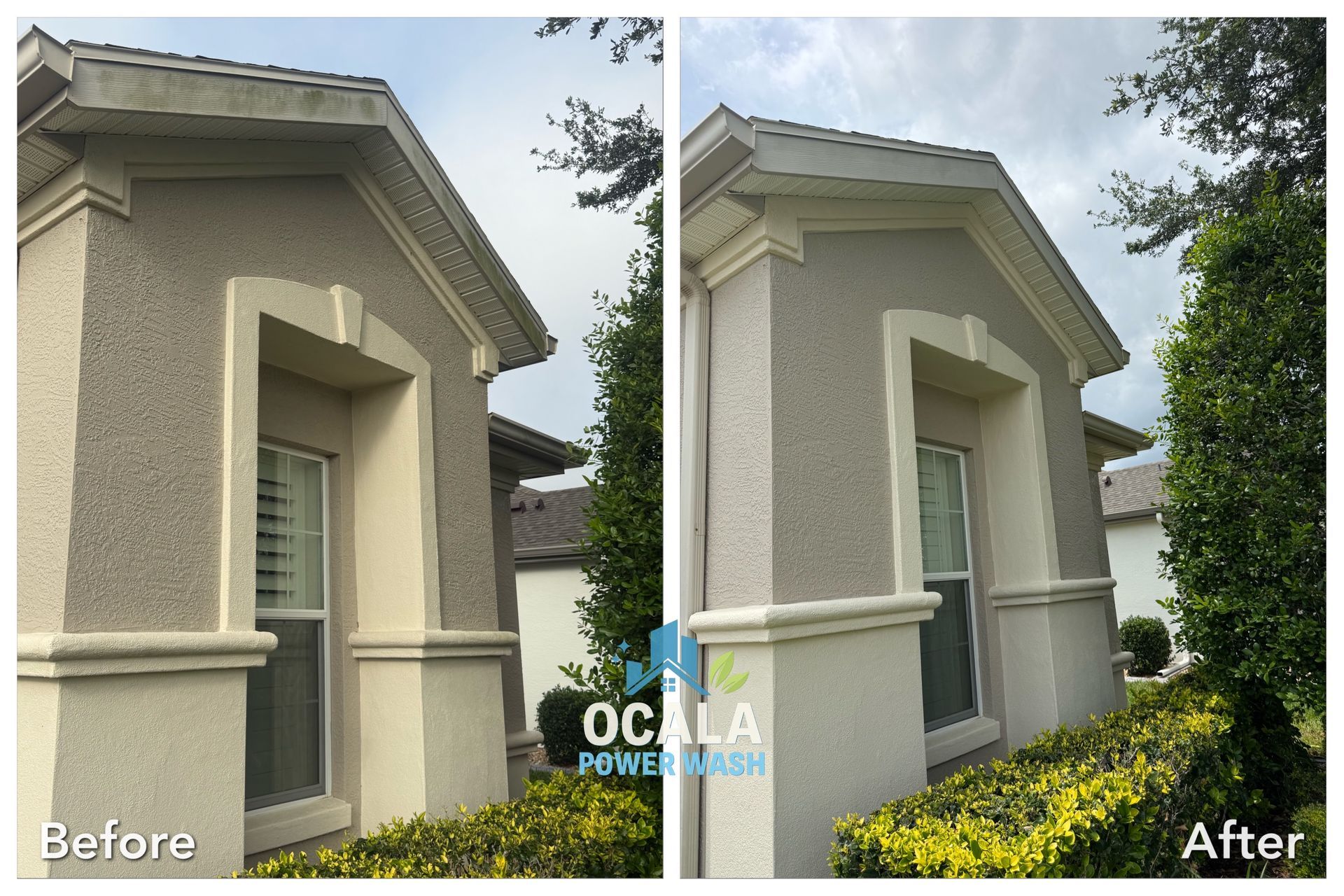 Before-and-after view of a home's exterior wall and window trim, showing a lighter repaint on the right.