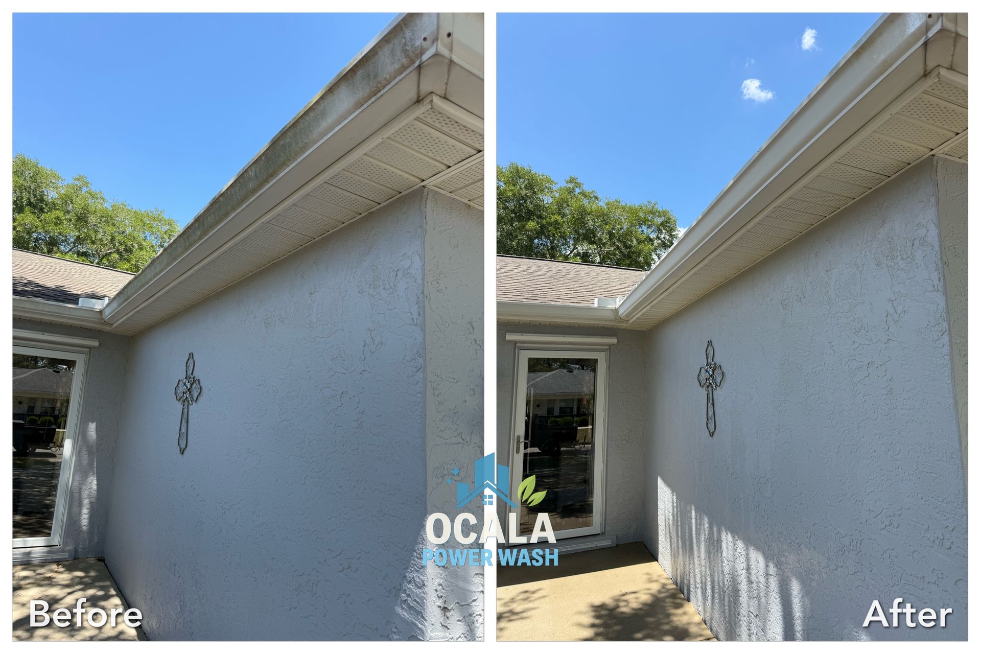 Before and after of a house exterior cleaning, showing a stucco wall and eaves under a blue sky