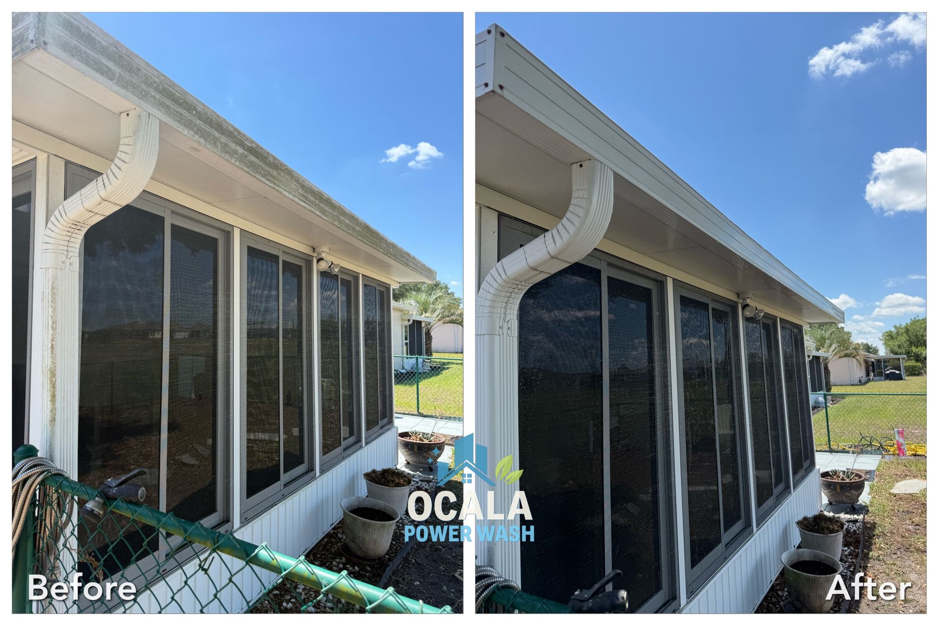 Before and after view of a house exterior with gutters and screened patio, showing cleaning improvements