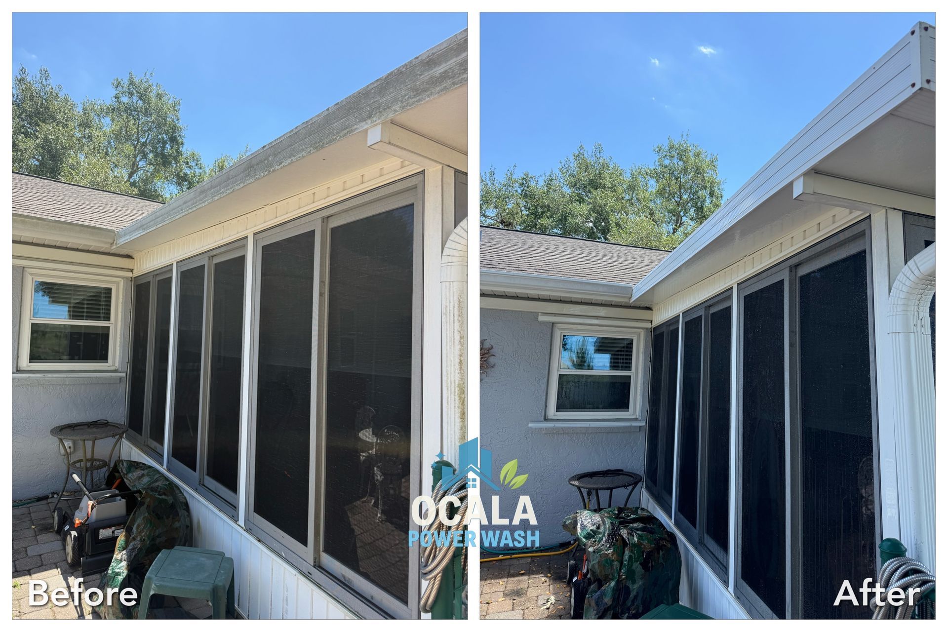 Before-and-after view of a screened patio with cleaner white trim and bright blue sky