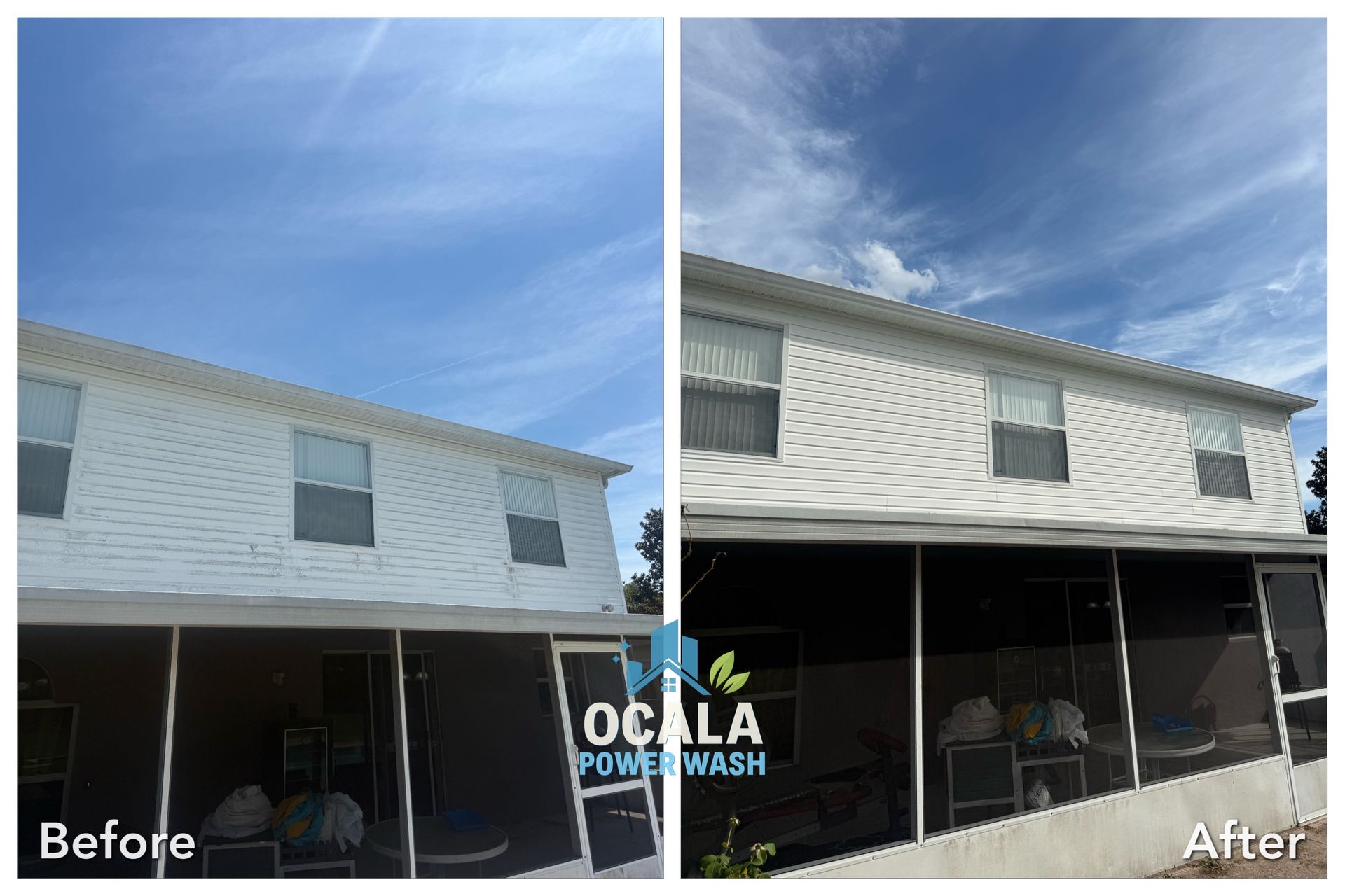 Before-and-after of a white house exterior power-washed under a blue sky