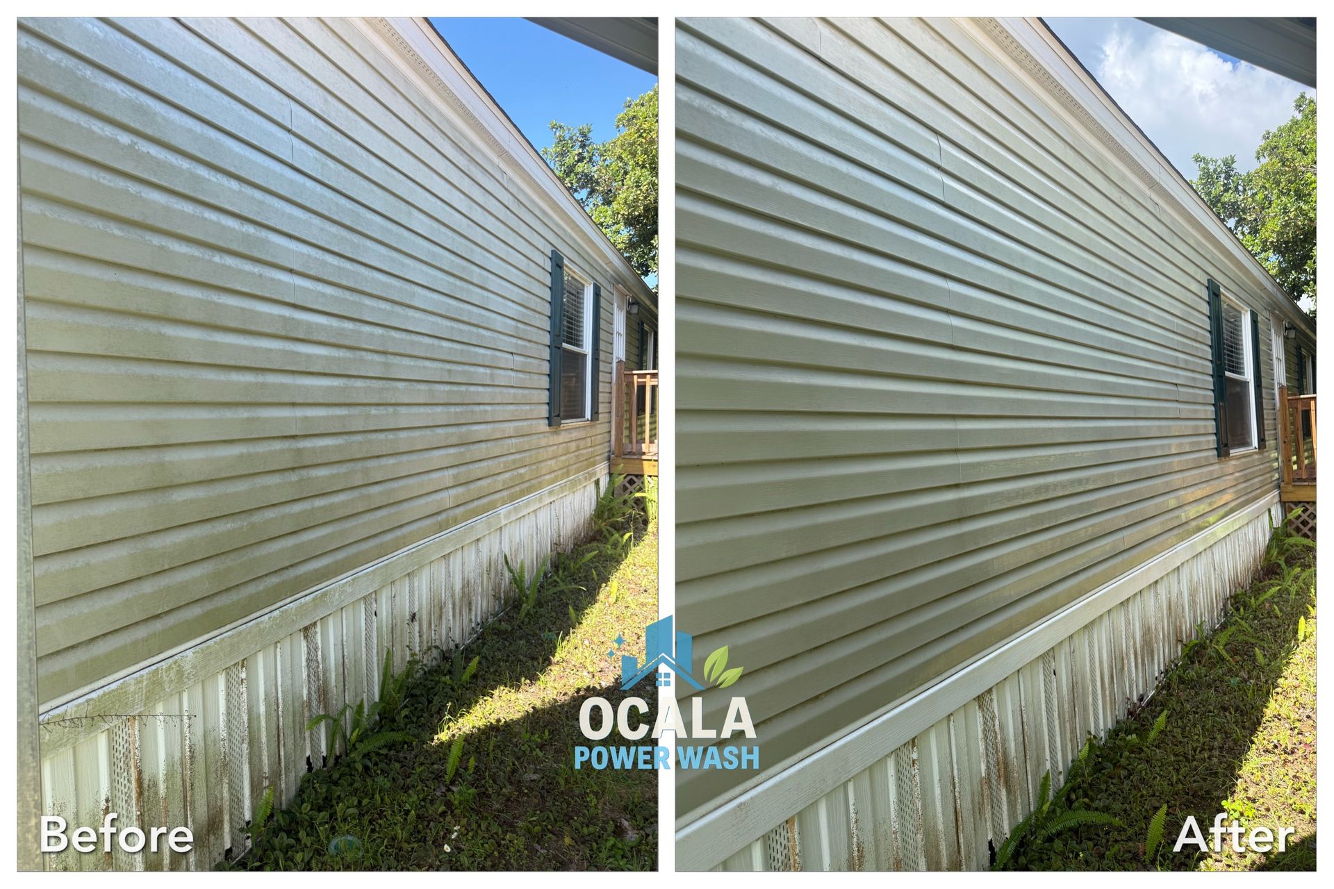 Before-and-after of a house siding exterior cleaned with pressure washing.