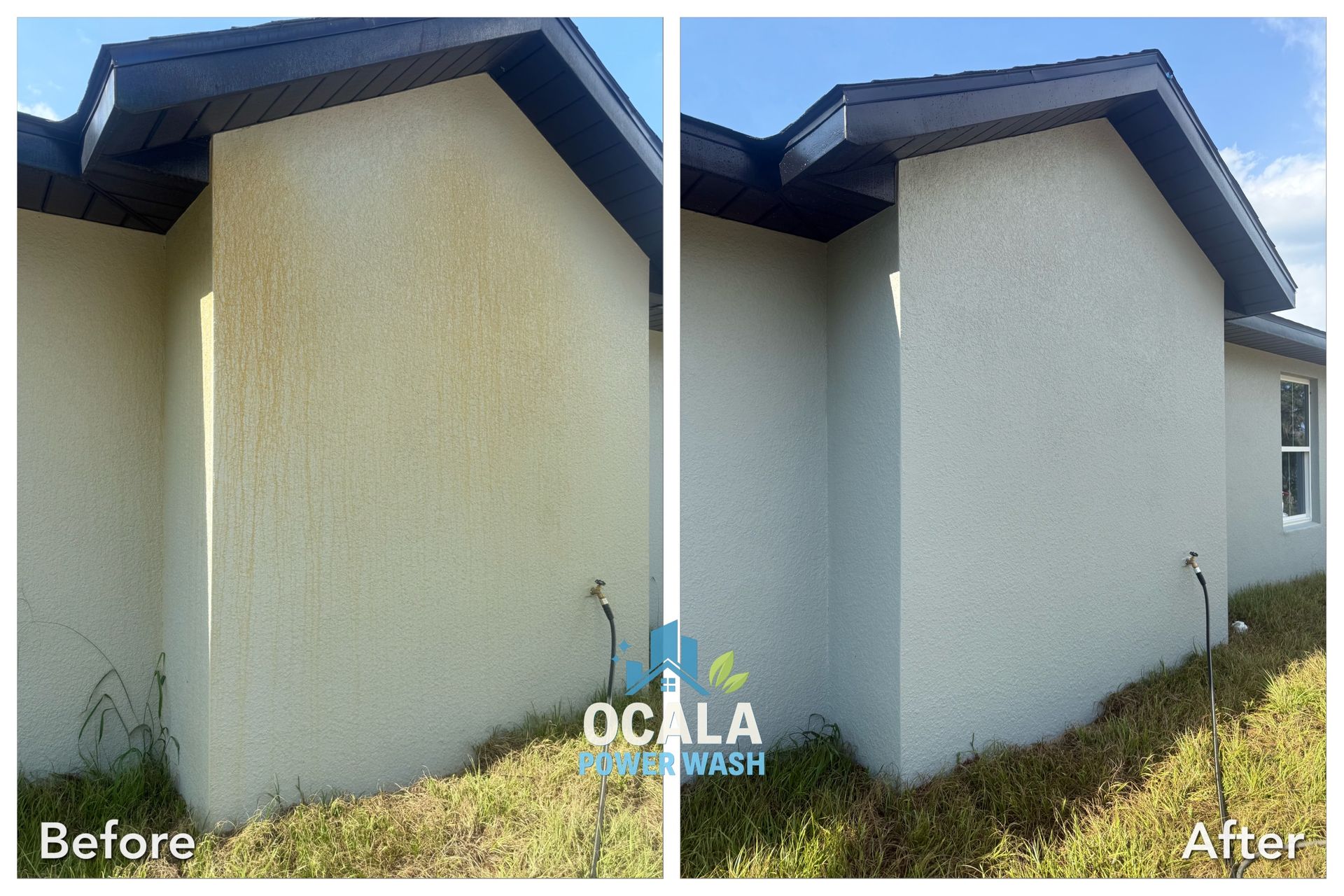 Before-and-after of a house wall cleaned from stained beige to bright white exterior paint