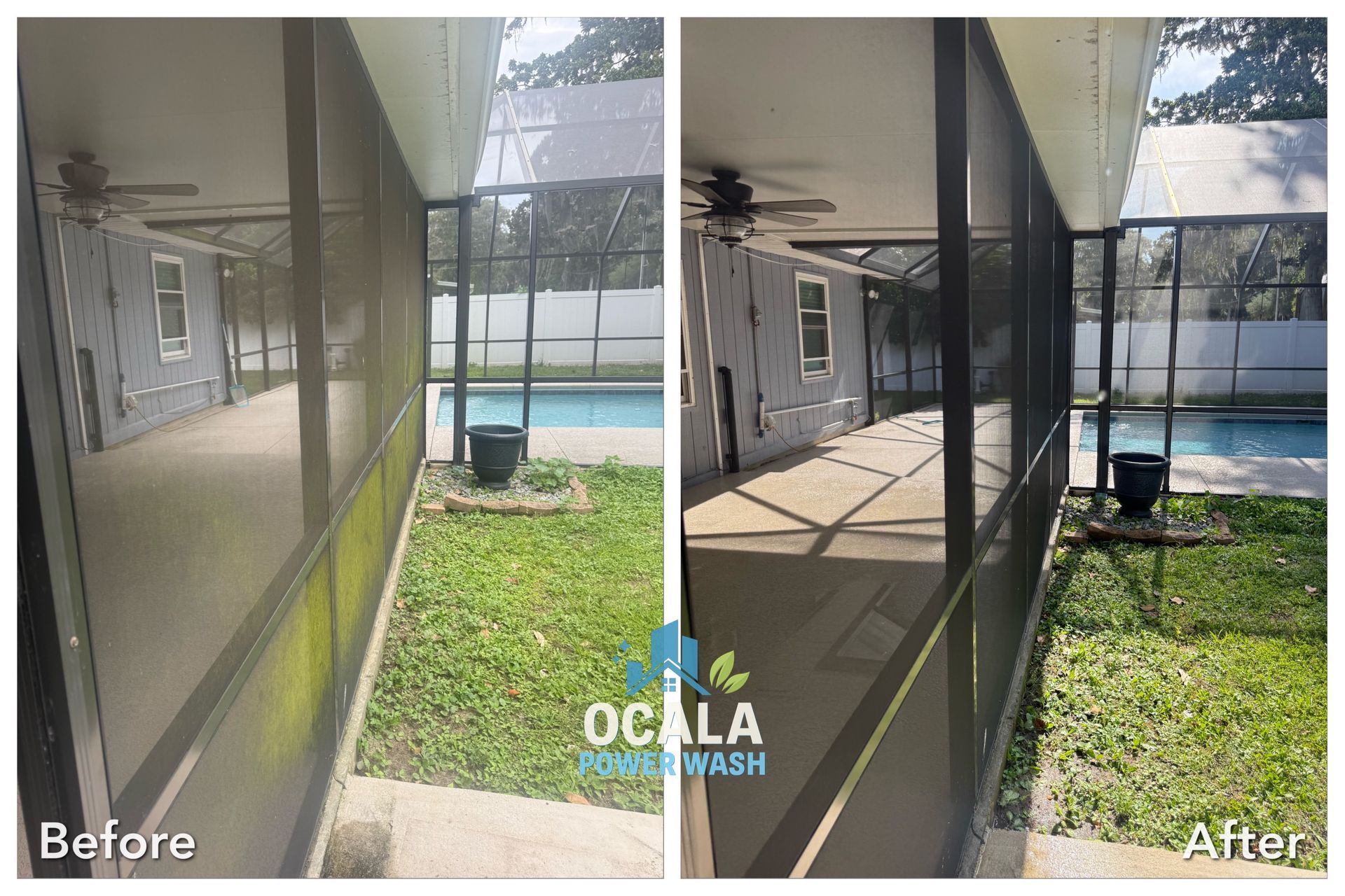Before-and-after view of a screened patio and grassy yard, with the pool area visible beyond the fence.