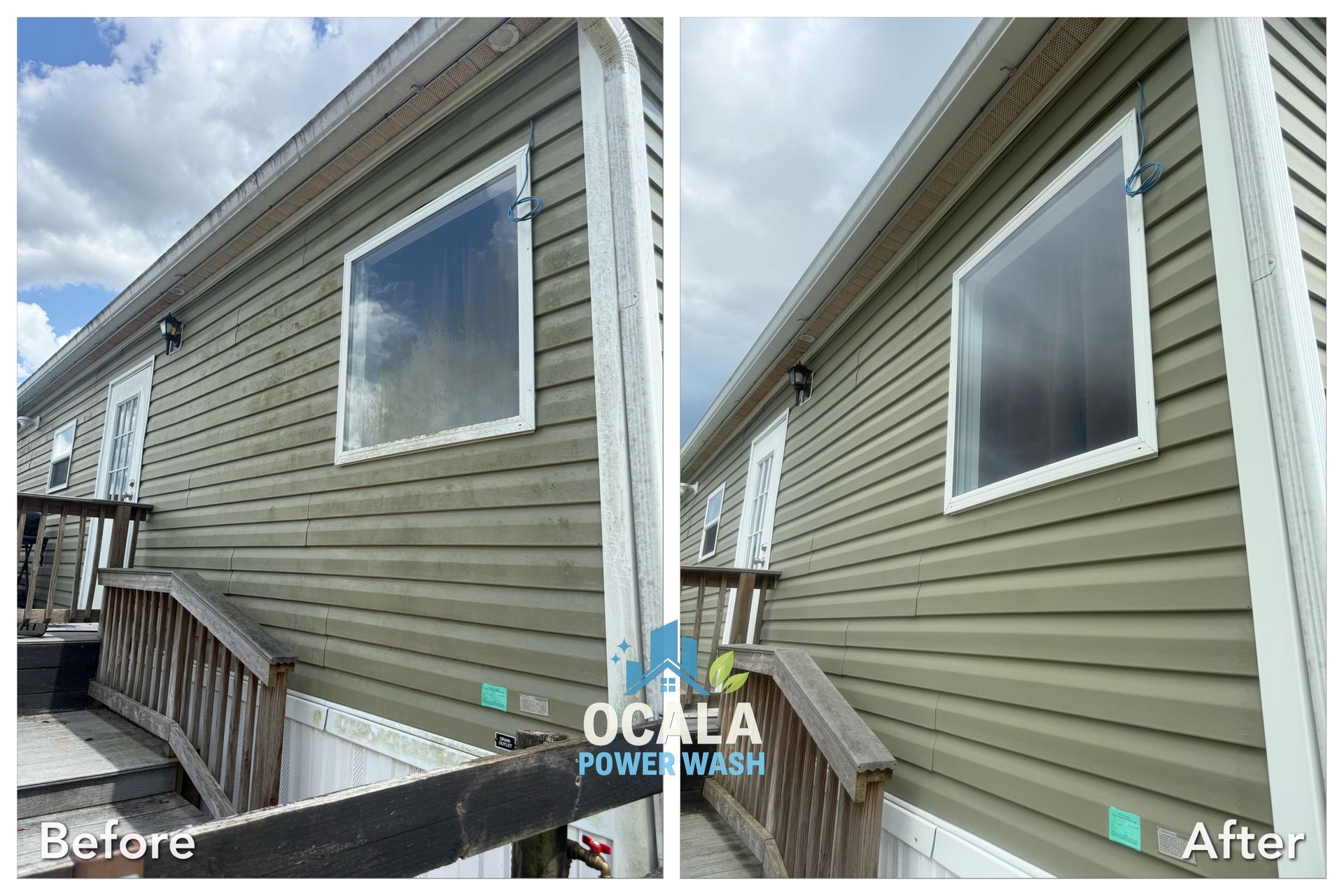 Before-and-after of a house exterior siding cleaned by power washing.