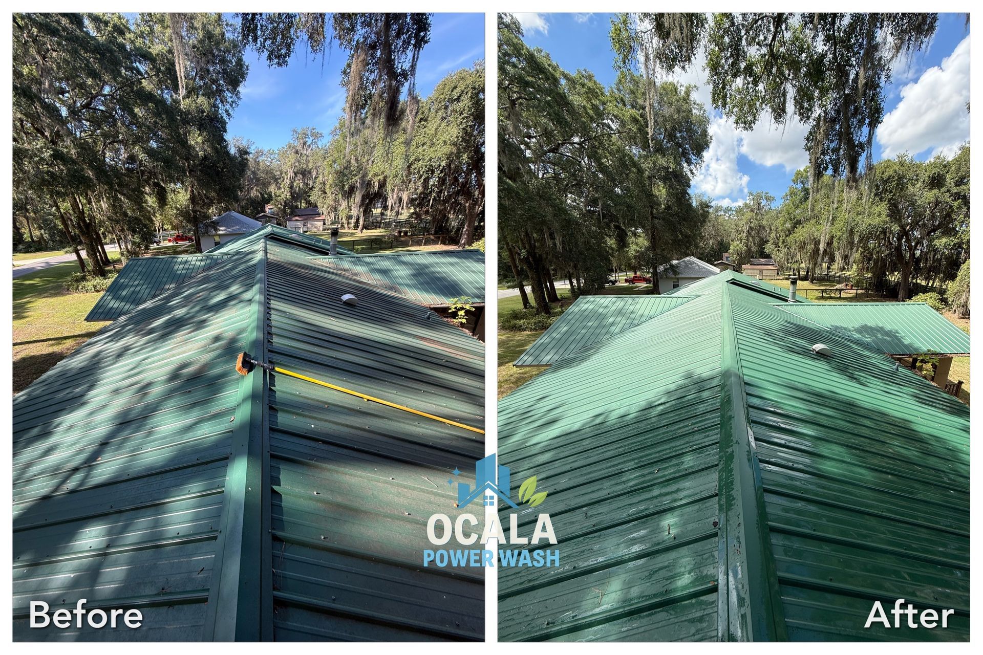 Before-and-after view of a green roof with added netting under trees, showing storm damage repair
