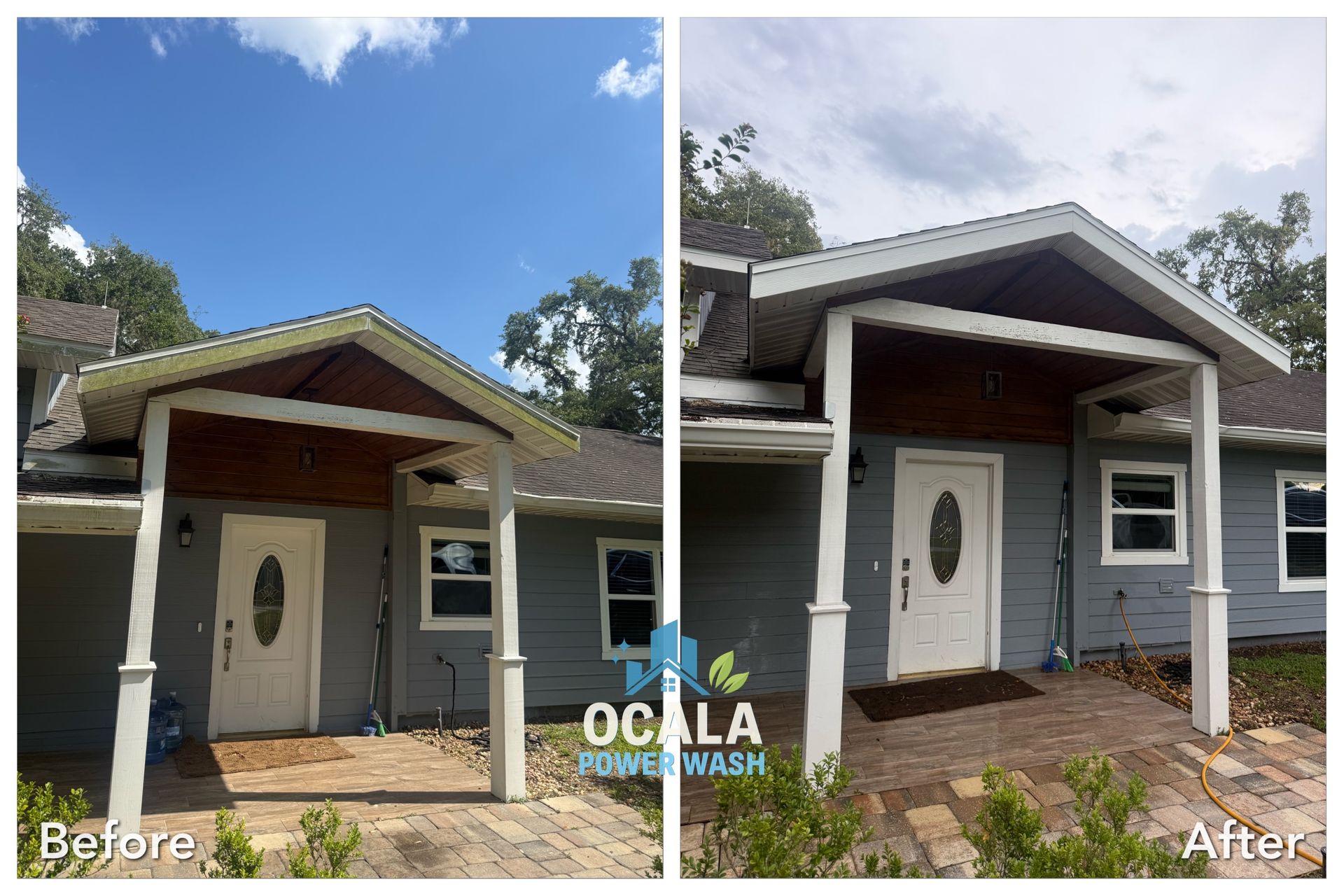 Before-and-after of a house porch exterior cleaning, showing a brighter entryway and roof trim.
