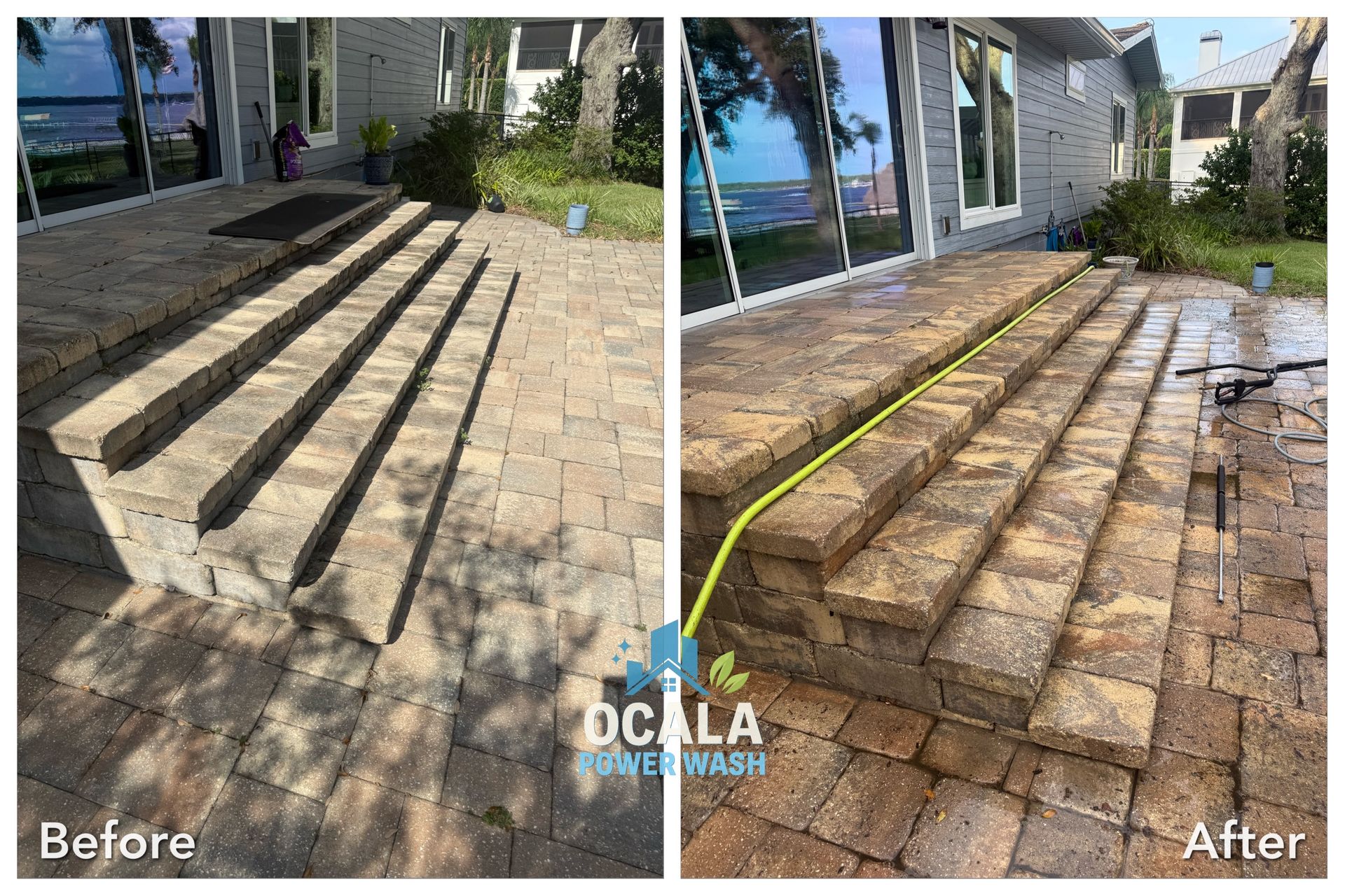Before-and-after of stone front steps, showing repaired, more even stairs and walkway.