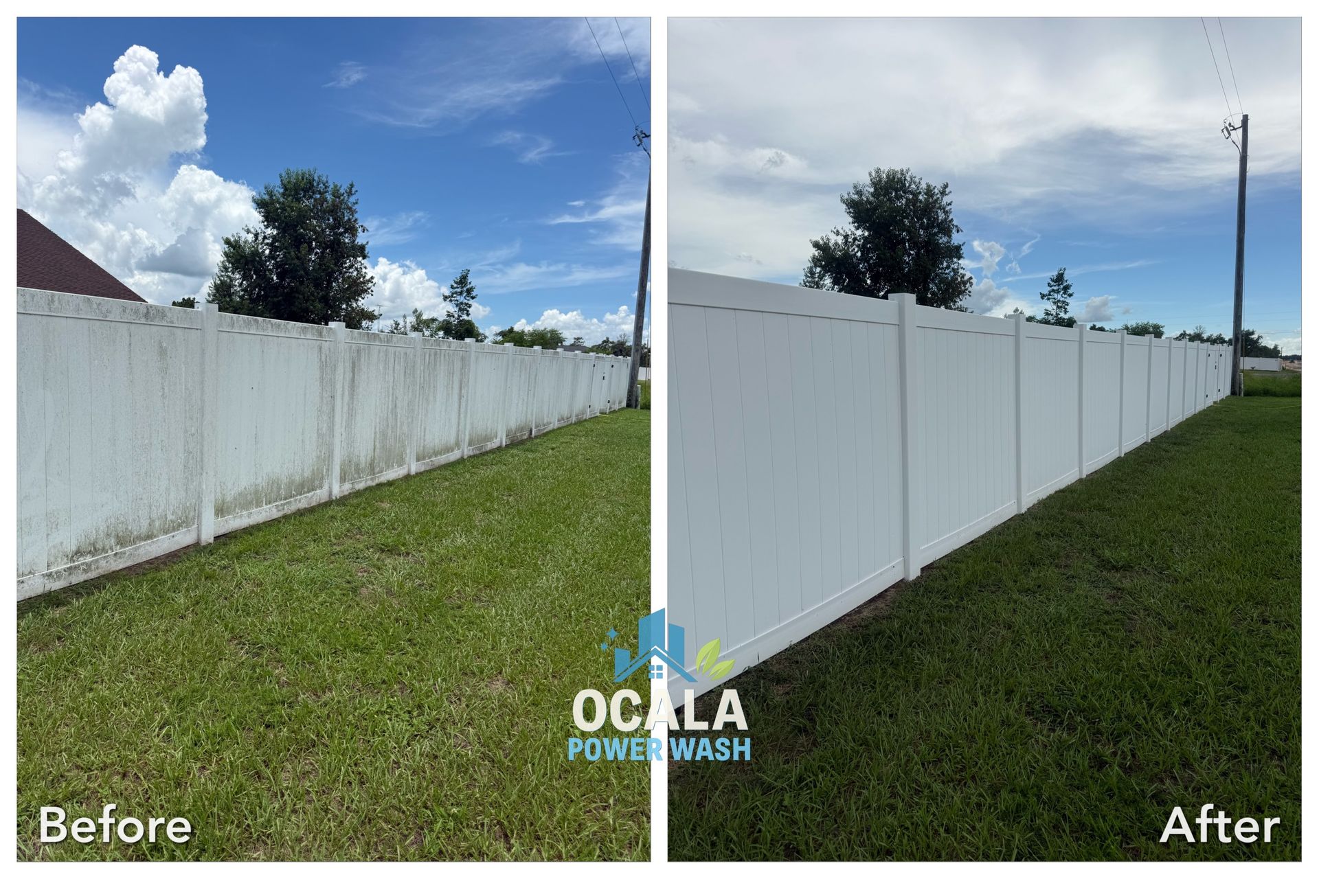 Before-and-after of a white fence cleaning, with a brighter fence and yard on the right.
