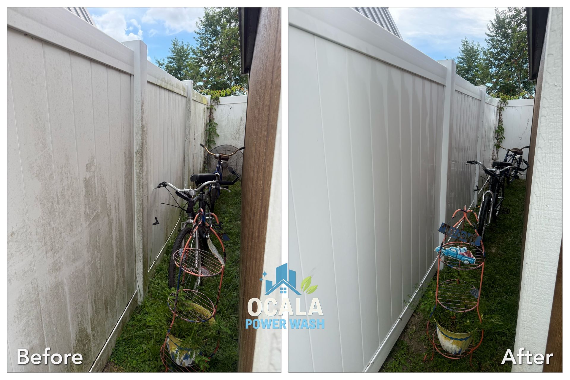 Before-and-after view of a narrow side yard with bikes and a white fence cleaned and brightened