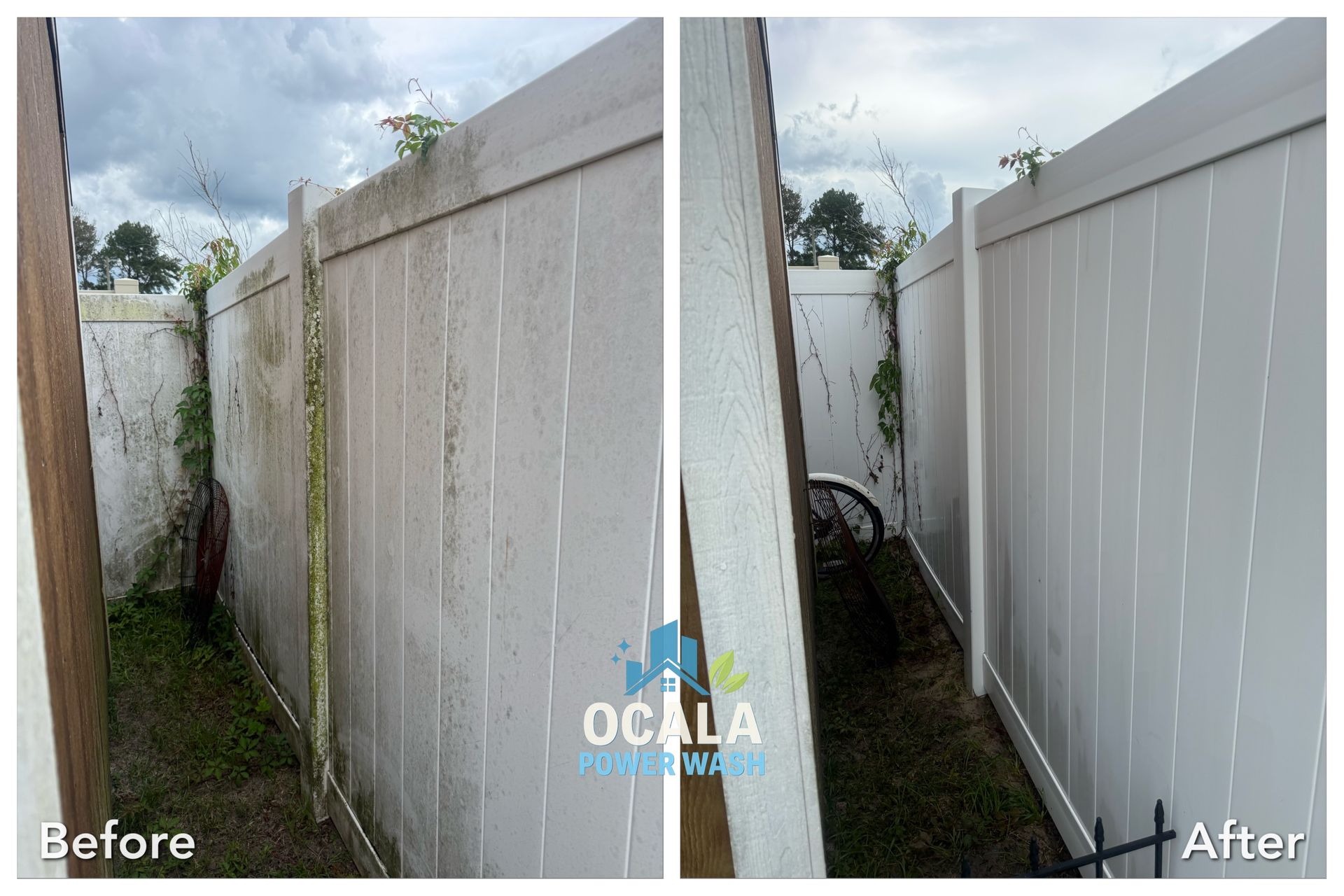 Before-and-after view of a narrow white fence and side yard, showing cleaner, brighter panels after painting.