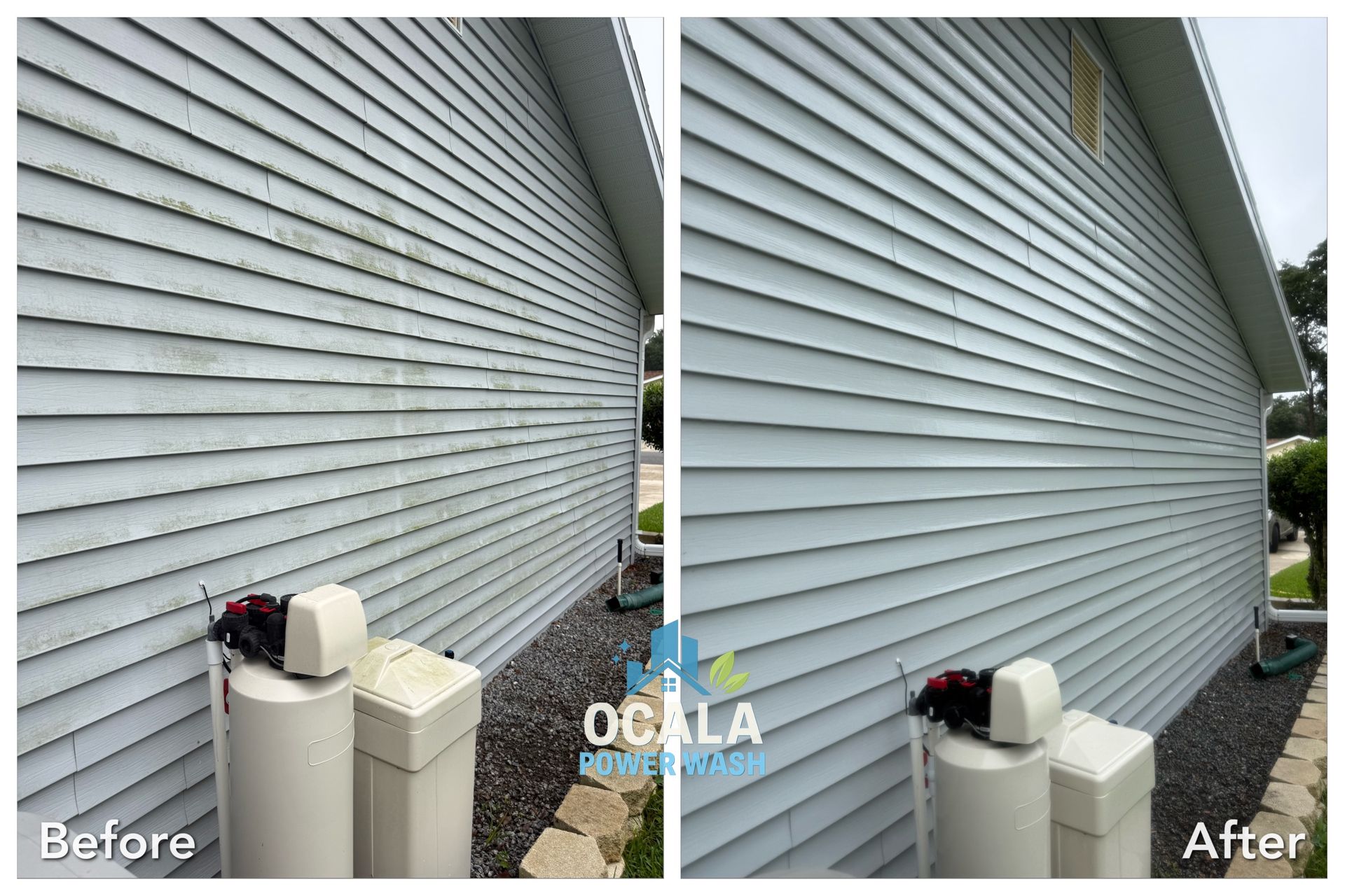 Before-and-after of gray vinyl house siding and utility boxes, showing a cleaner exterior on the right.