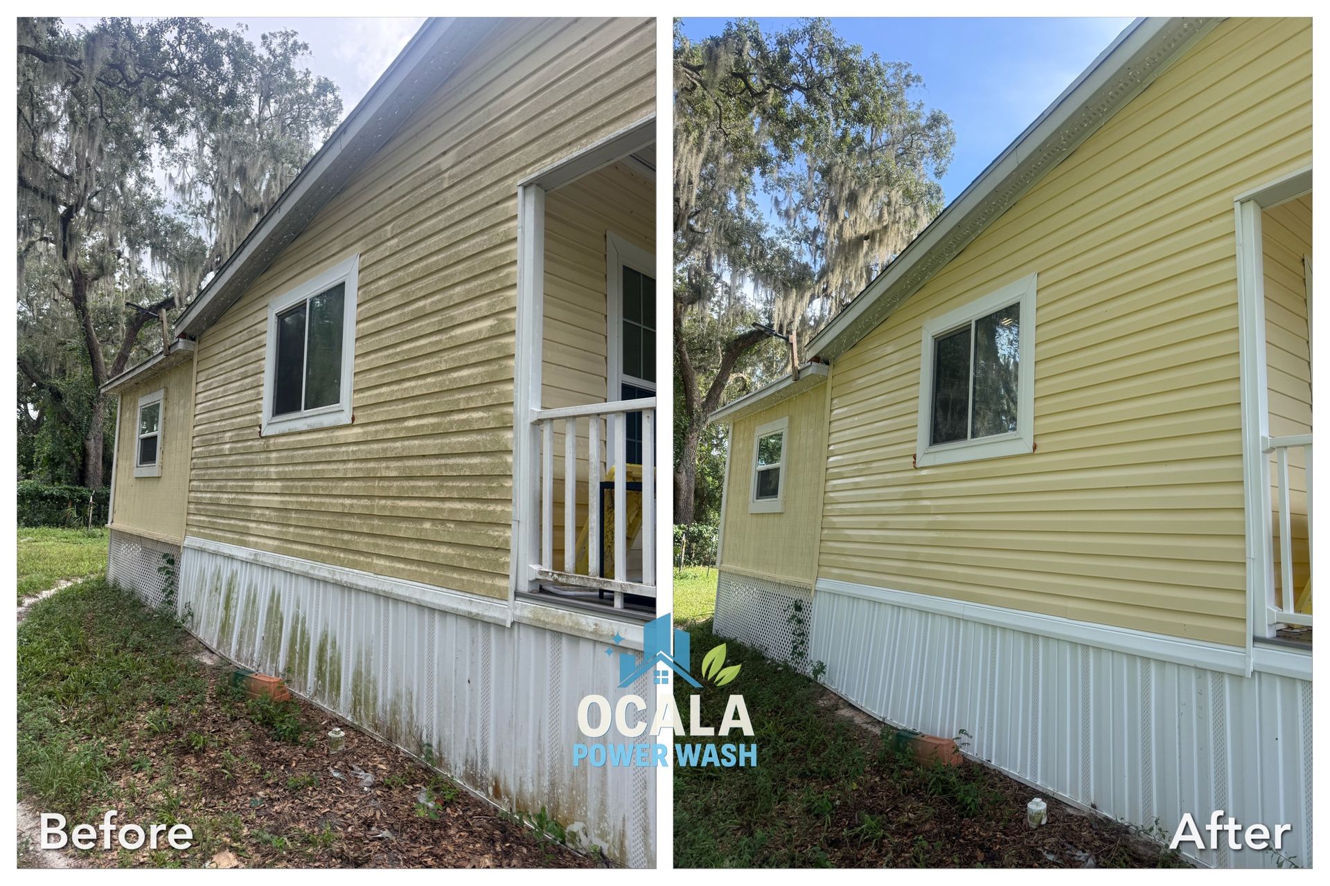 Before-and-after exterior home siding repaint: worn beige to fresh yellow with white trim.