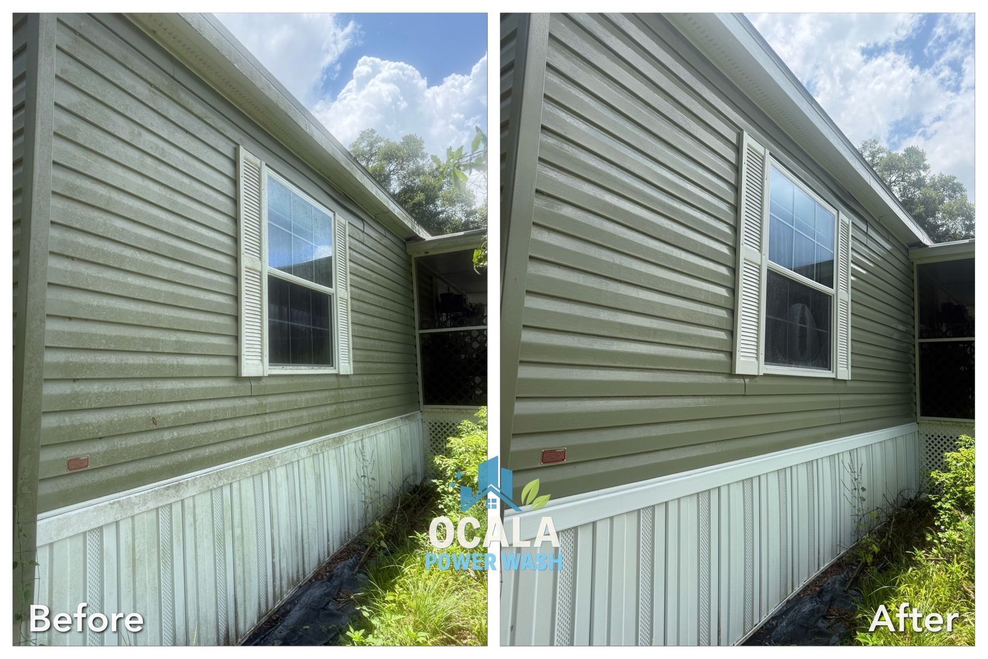 Before-and-after view of a house exterior with new lower siding panels installed.