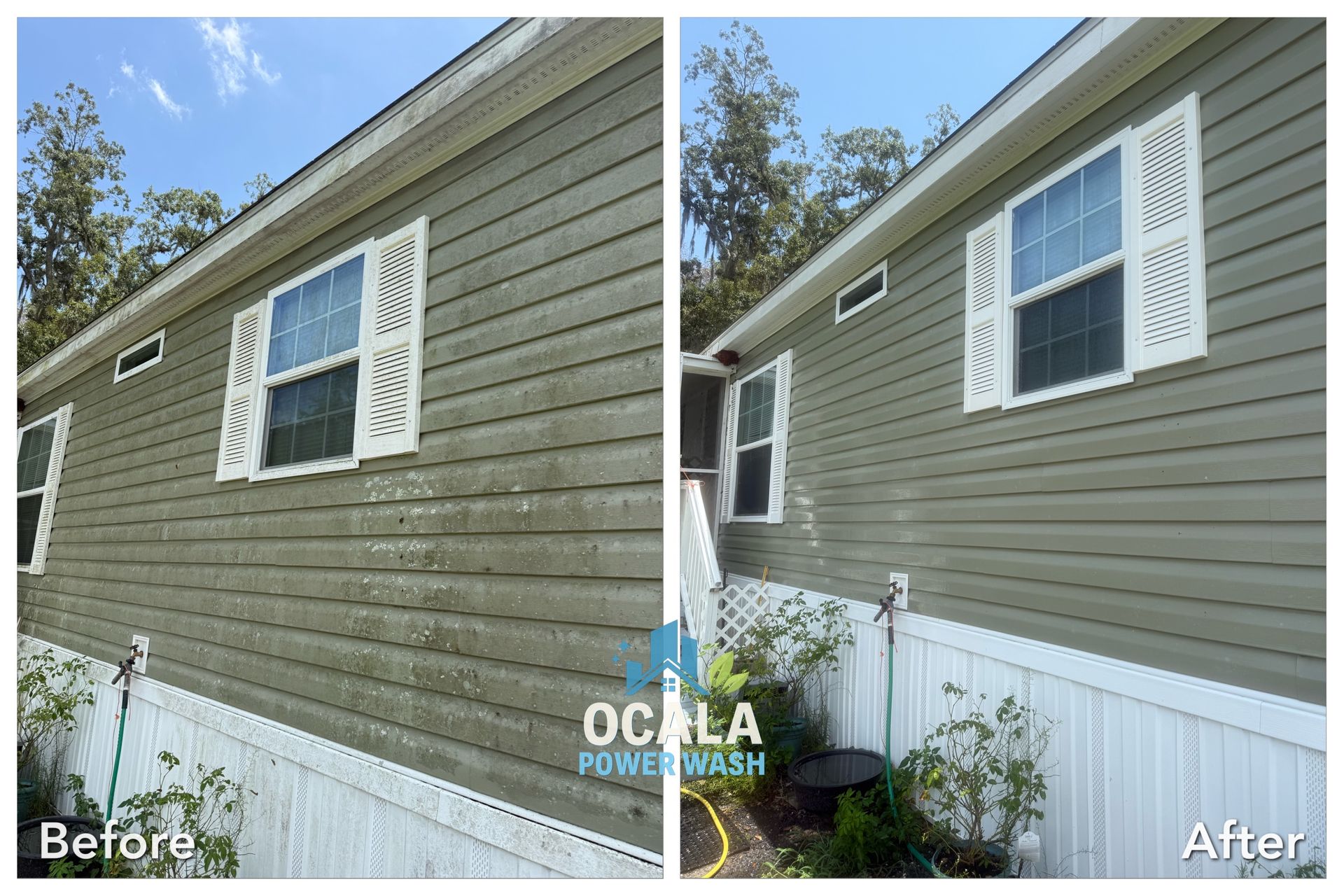 Before-and-after view of a house exterior with cleaned green siding and white trim.