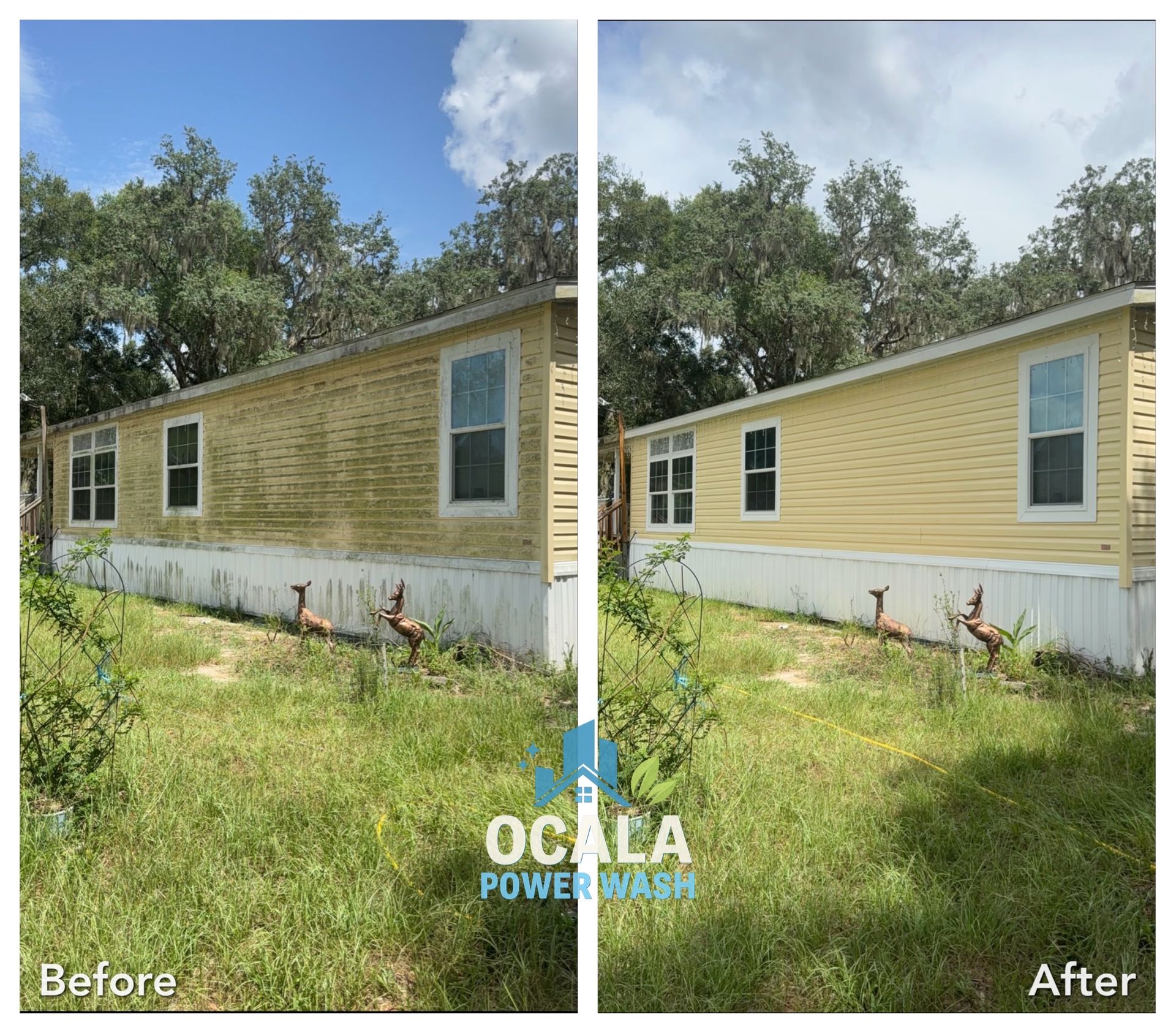 Before-and-after of a house exterior: faded siding repainted bright yellow.