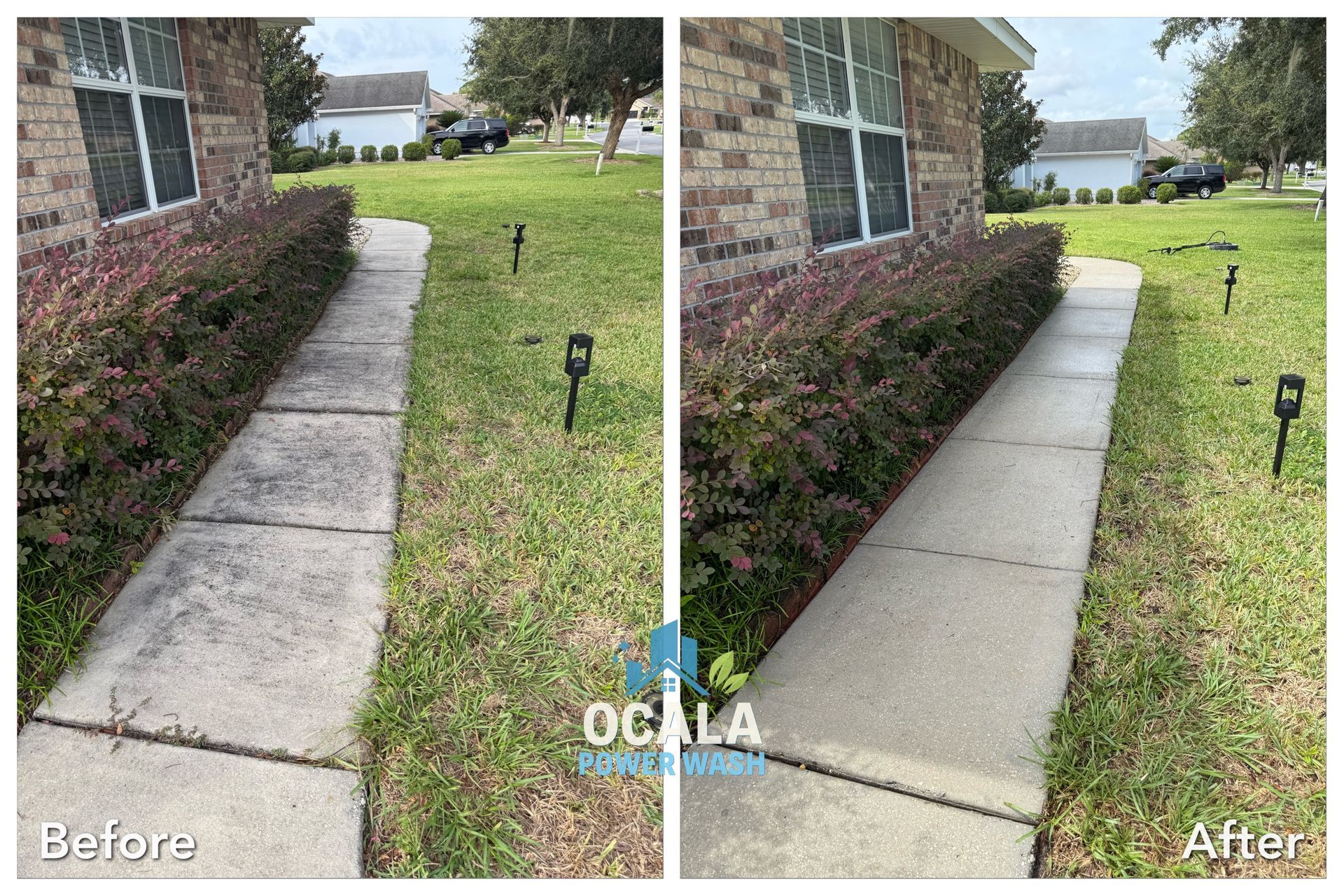 Before-and-after view of a sidewalk beside a brick building, with trimmed hedges and a greener lawn.