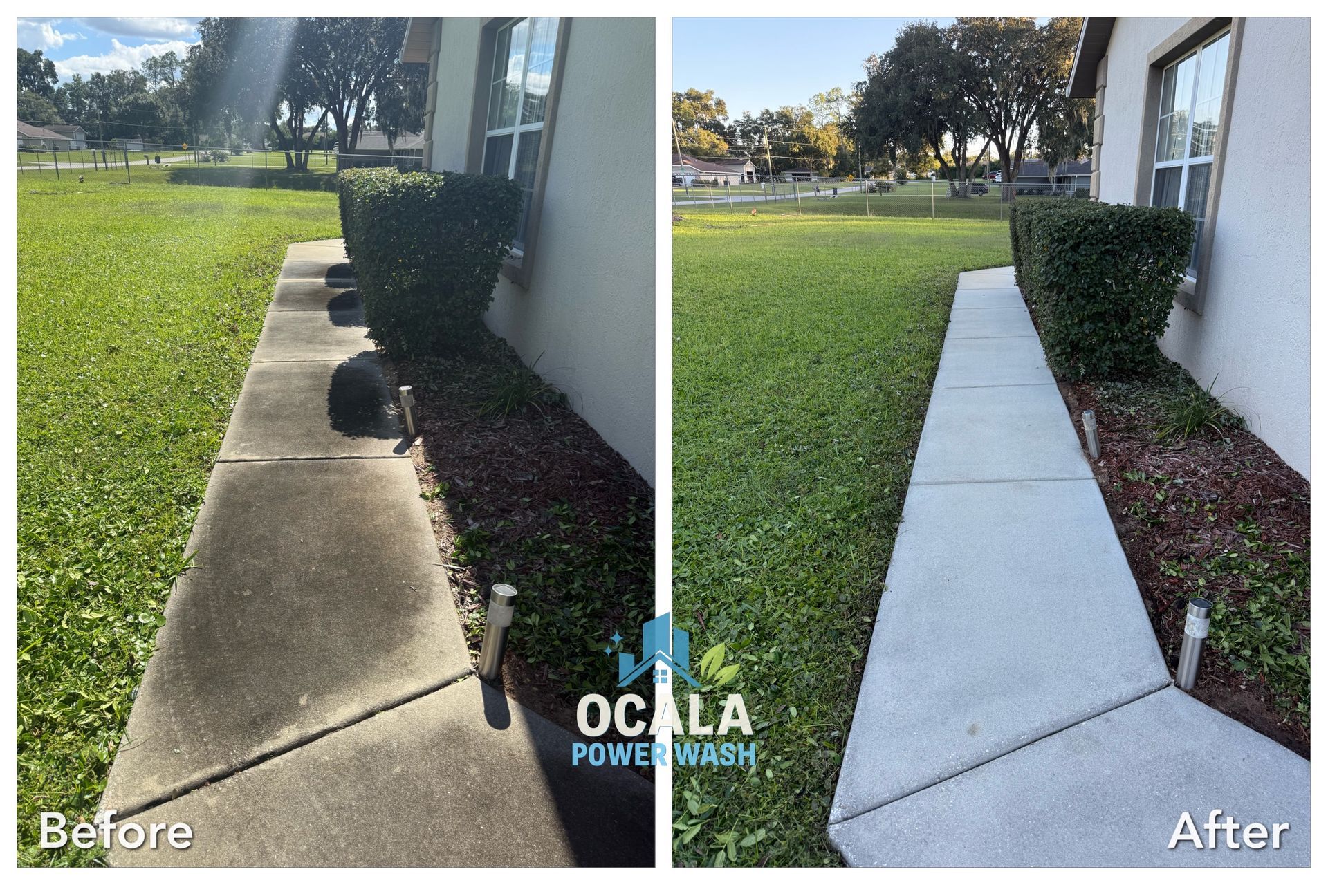 Before-and-after view of a concrete sidewalk cleaned from dark stains beside a white building and green lawn.
