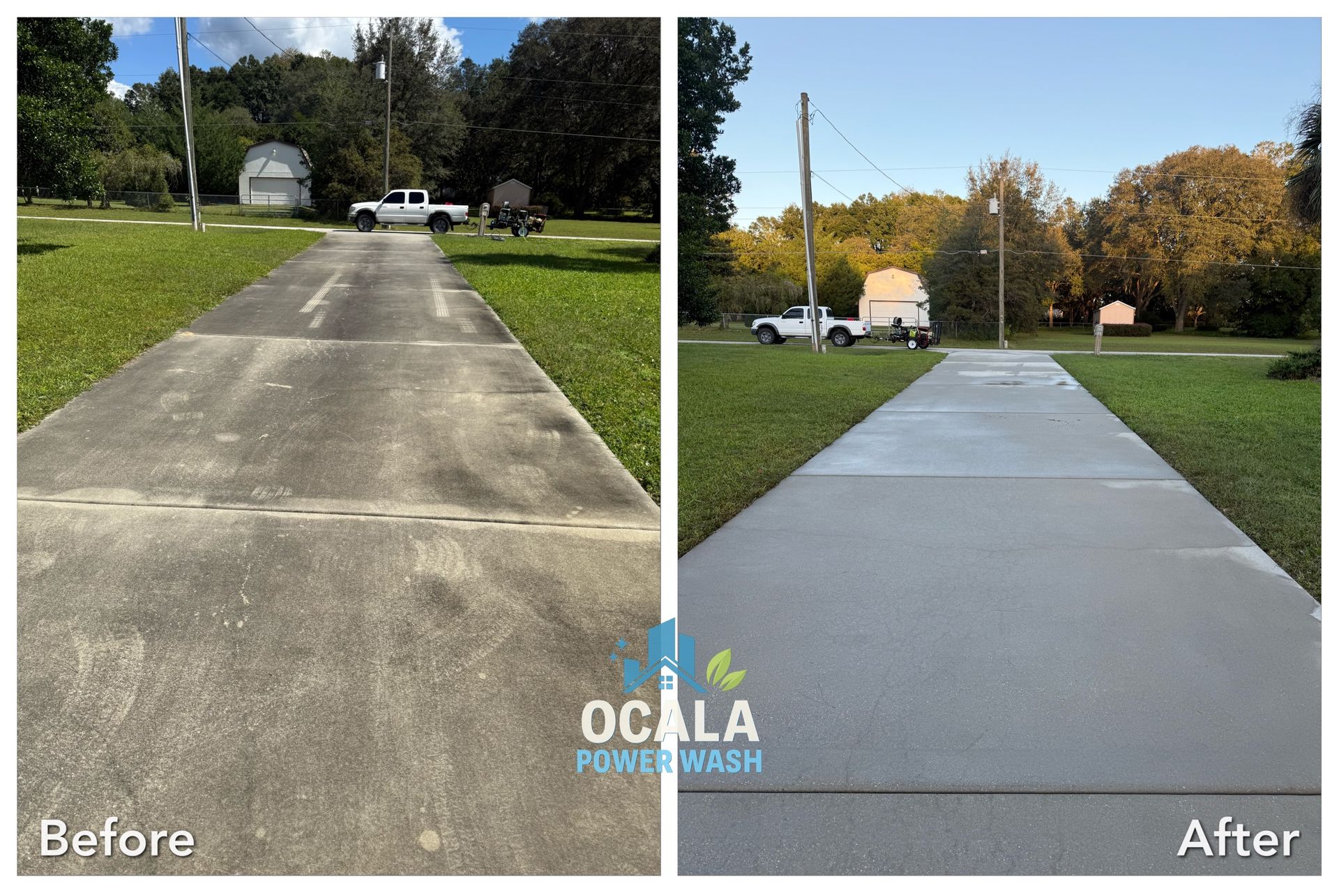 Before-and-after driveway pressure washing: stained concrete on left, clean gray driveway on right.