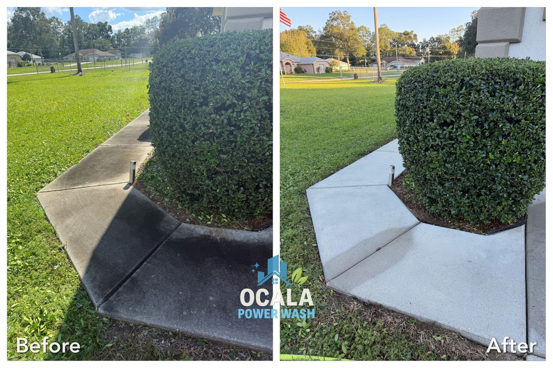 Before-and-after view of a sidewalk repaired around a hedge, with cracked concrete replaced by smooth white pavement.
