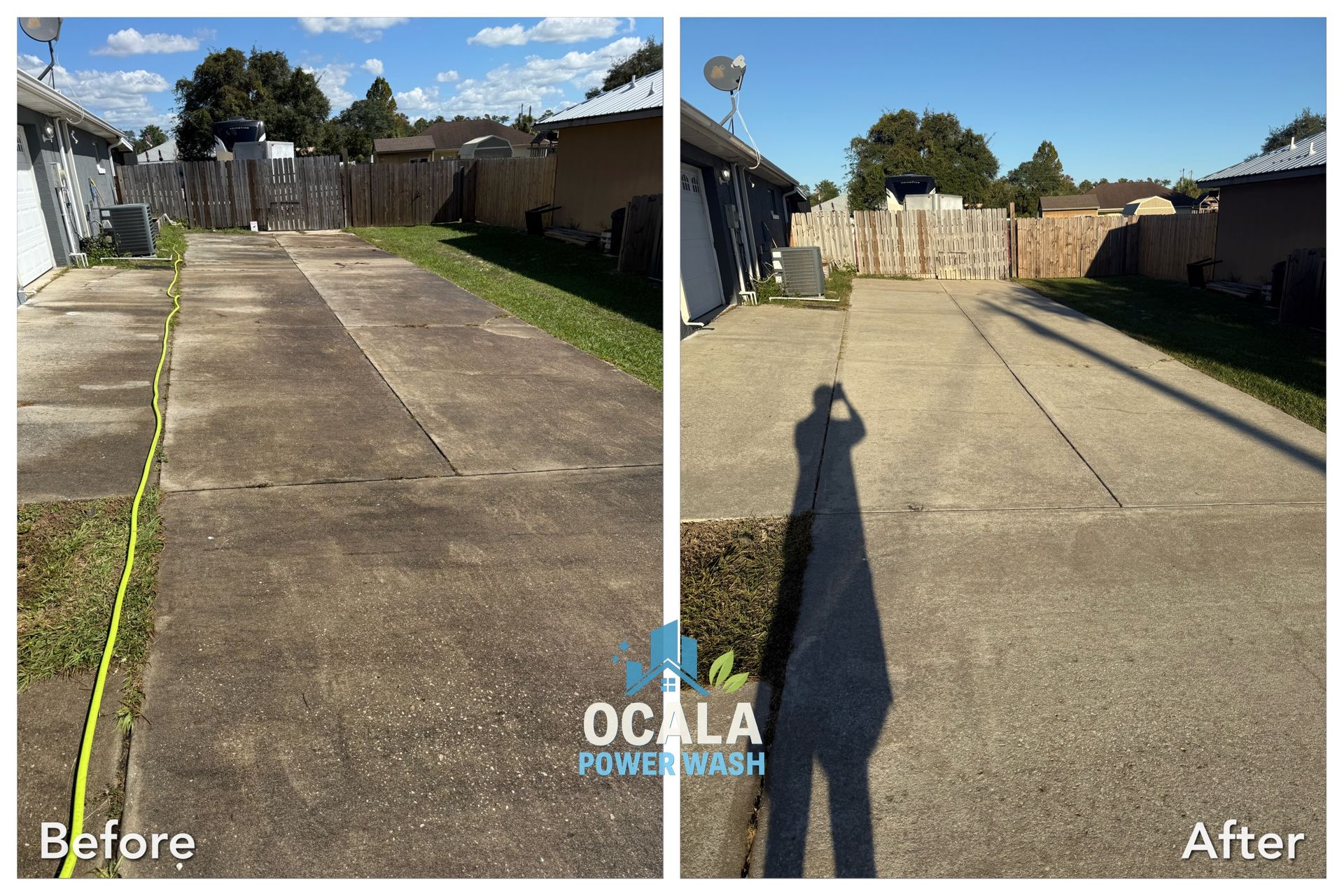 Before-and-after view of a concrete driveway cleaned, with dark stains removed.