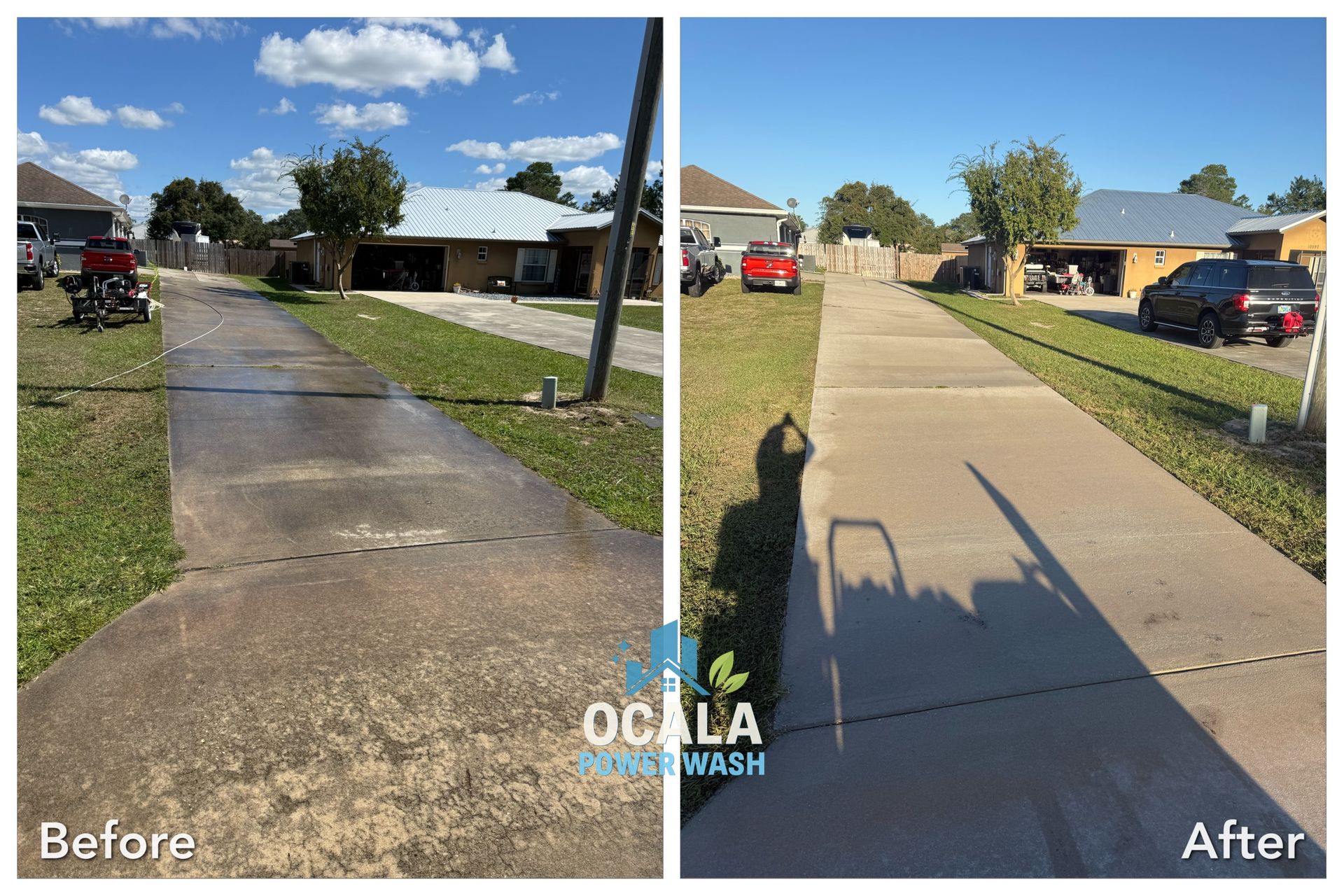 Before-and-after sidewalk cleaning: dirty concrete on left, clean sidewalk on right under sunny sky.