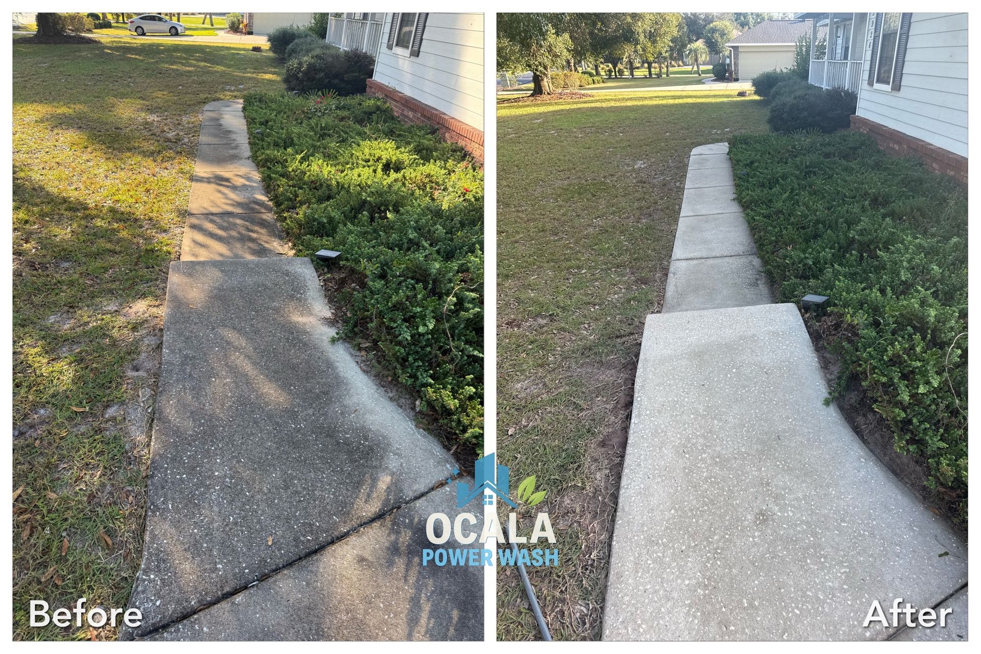 Sidewalk before-and-after: cracked concrete replaced with smooth, light-gray walkway beside shrubs and a house.