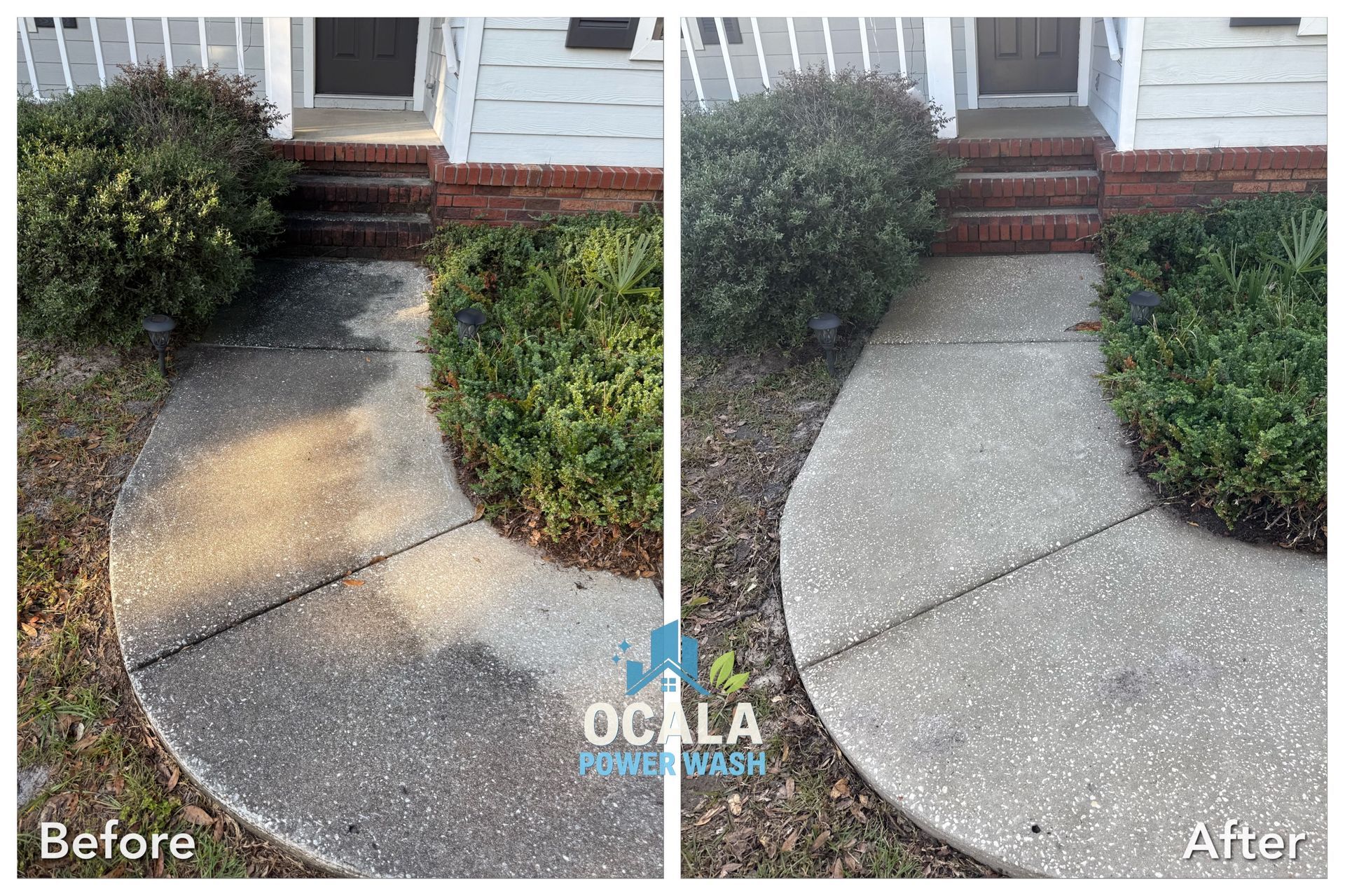 Before-and-after view of a concrete walkway cleaned from stained to bright gray by a house entrance