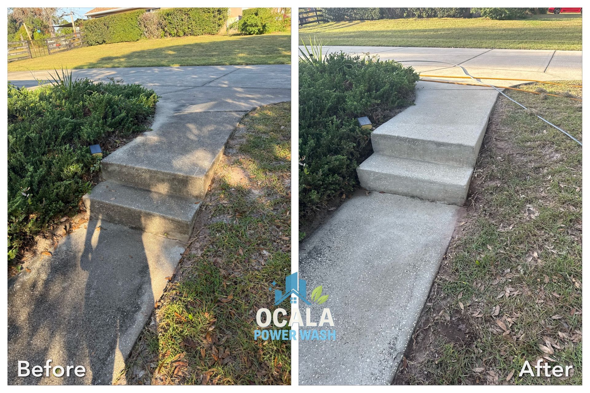 Before-and-after of repaired concrete steps beside a sidewalk, with a “Before” and “After” split view.