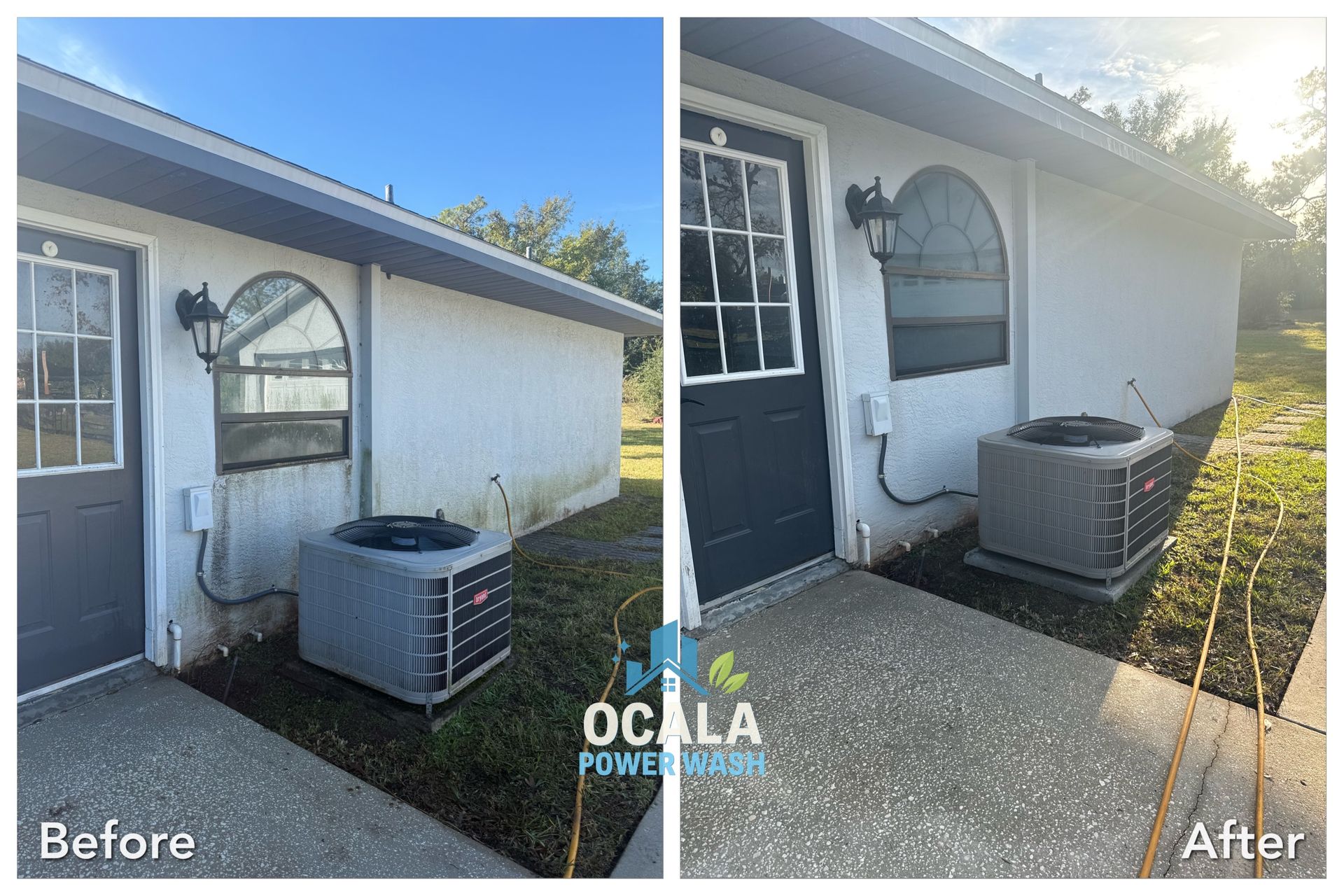 Before-and-after of an outdoor AC unit beside a house, with the wall and area cleaned and repainted.
