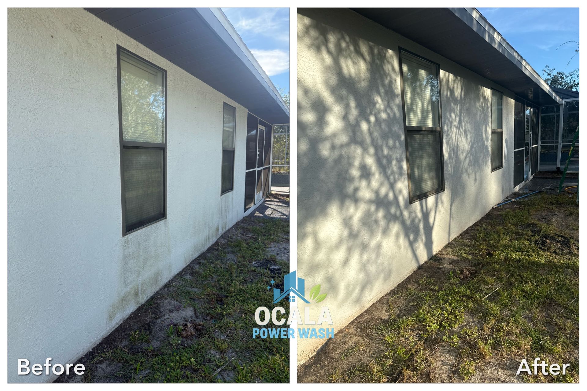 Before-and-after of a white house exterior, showing cleaned walls and windows with stronger shadows.