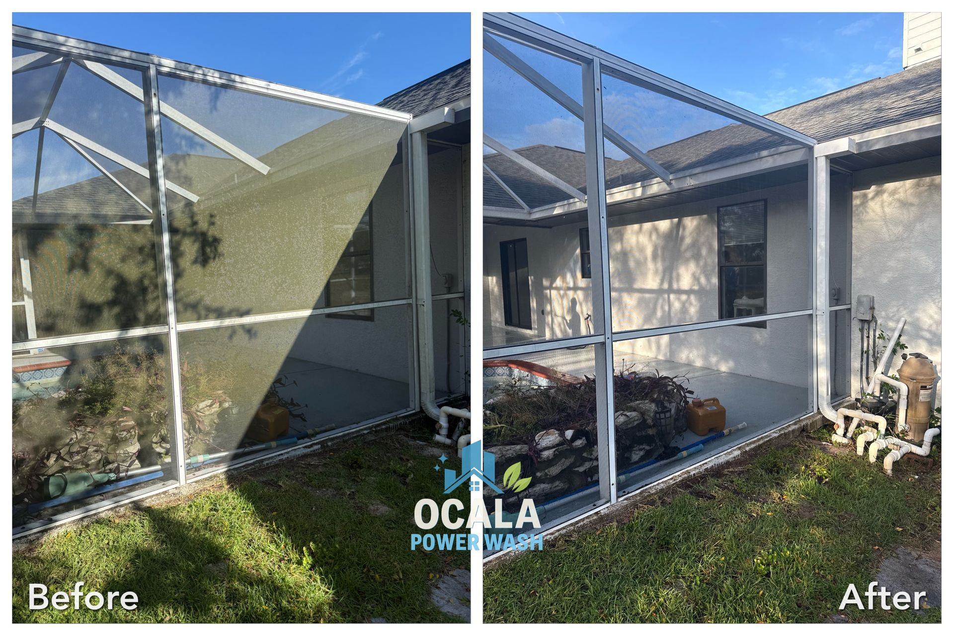 Before-and-after of a patio screen enclosure repaired after storm damage.