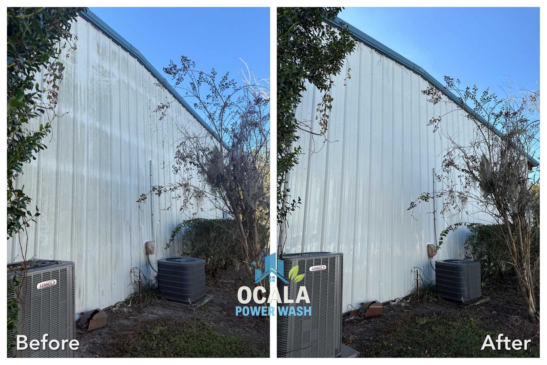 Before-and-after of a white metal building exterior cleaned by pressure washing.