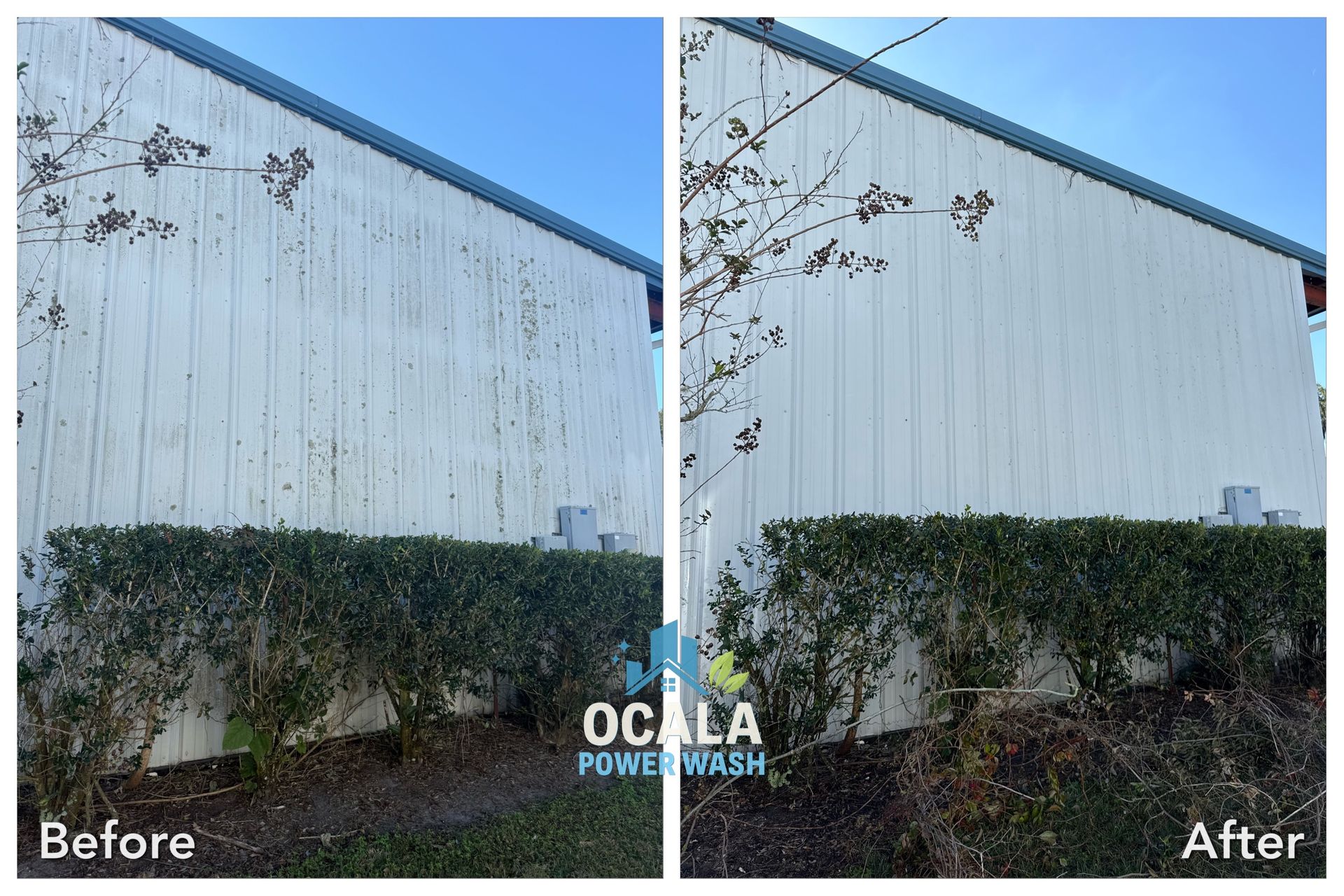 Before-and-after of a white building wall cleaned of dark stains and marks.