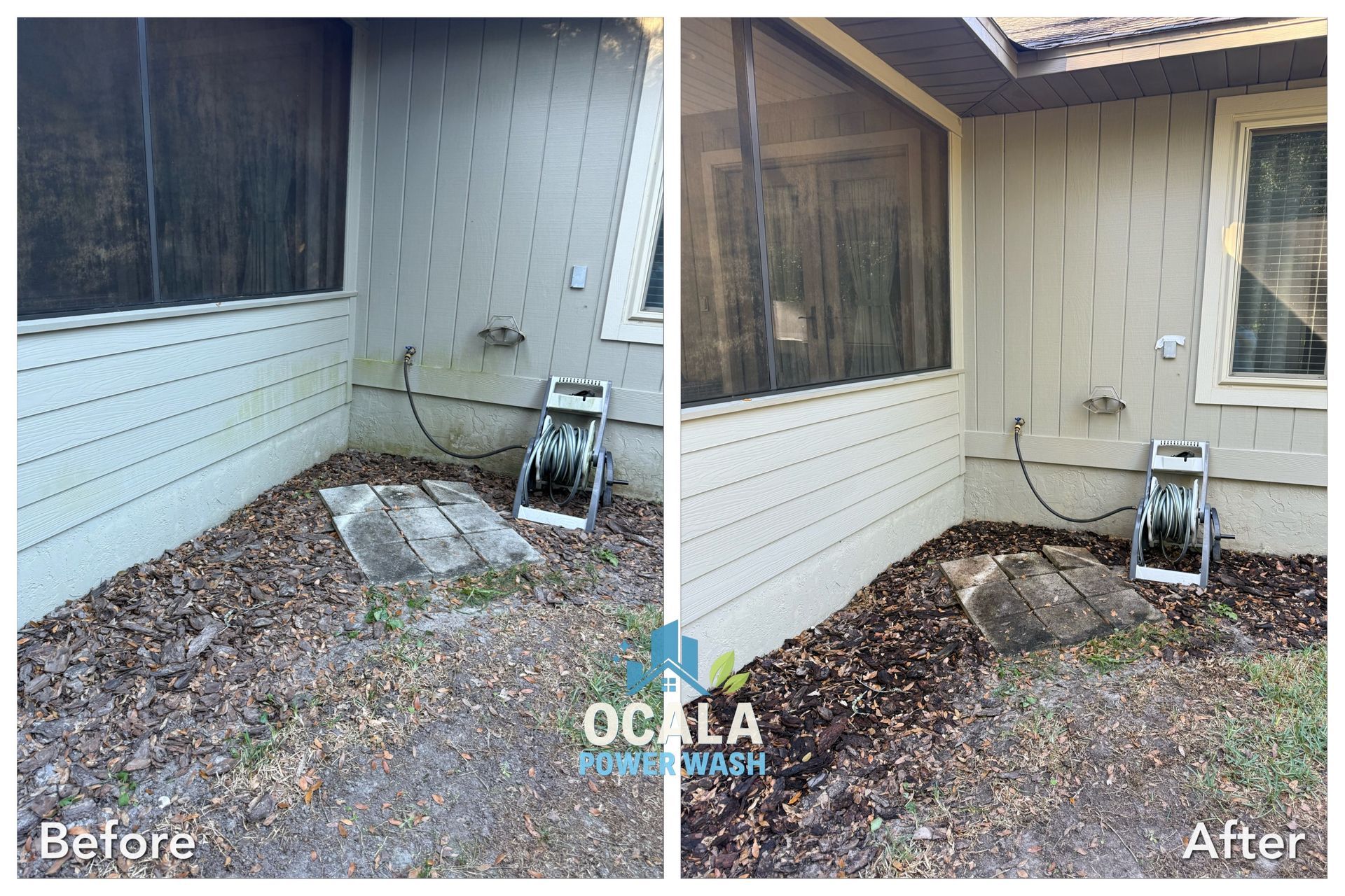 Before-and-after of a cleaned porch corner with removed debris and exposed ground.