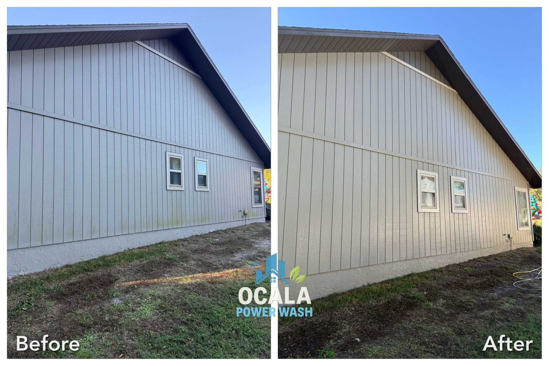Side-by-side before-and-after view of a barn wall being pressure washed, with a cleaner exterior after treatment