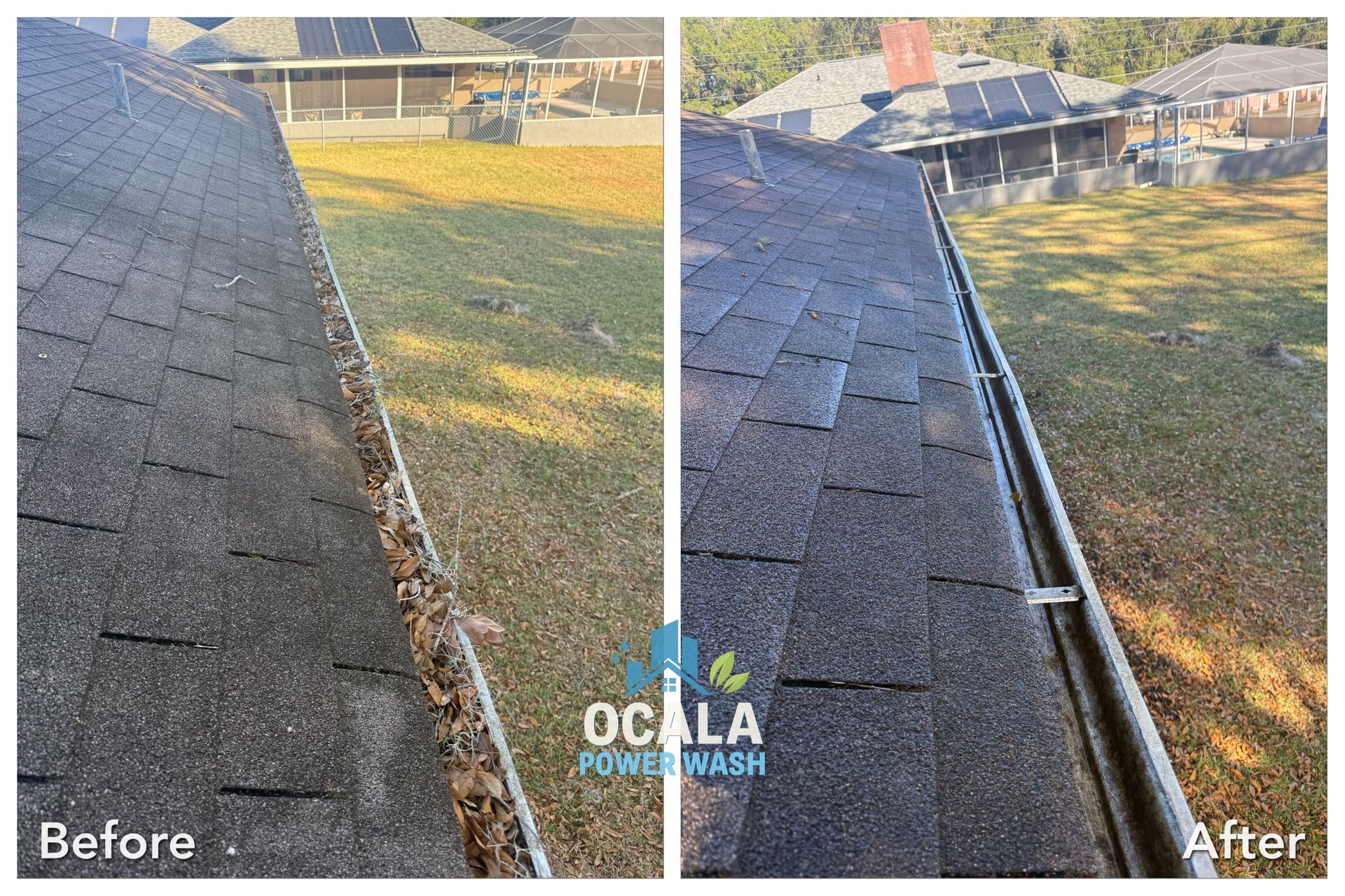 Before-and-after roof gutter cleaning on a shingled house, with debris removed and lawn below.
