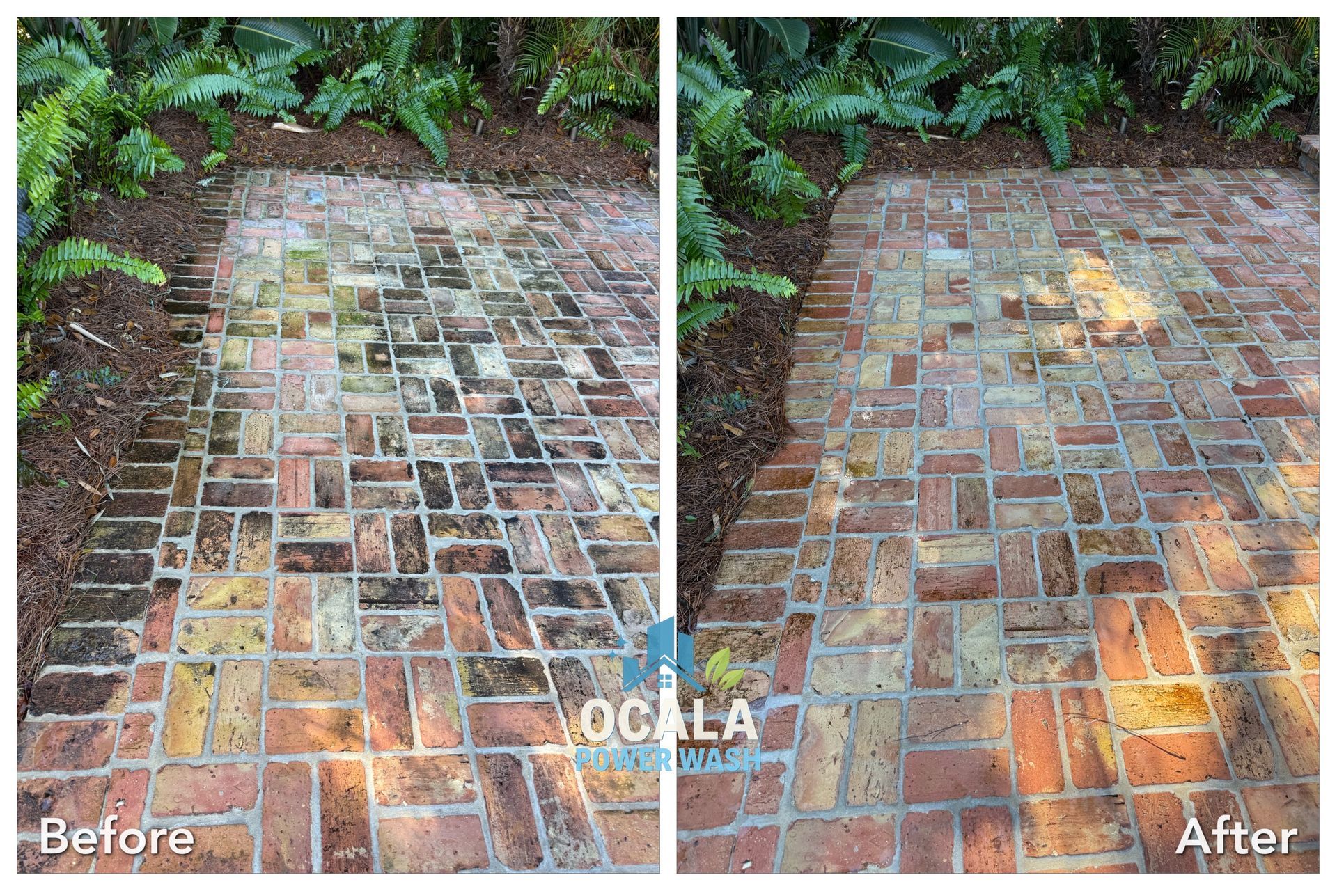 Before-and-after of a brick patio with dirty areas cleaned, showing brighter pavers and a “VOCLA” logo.