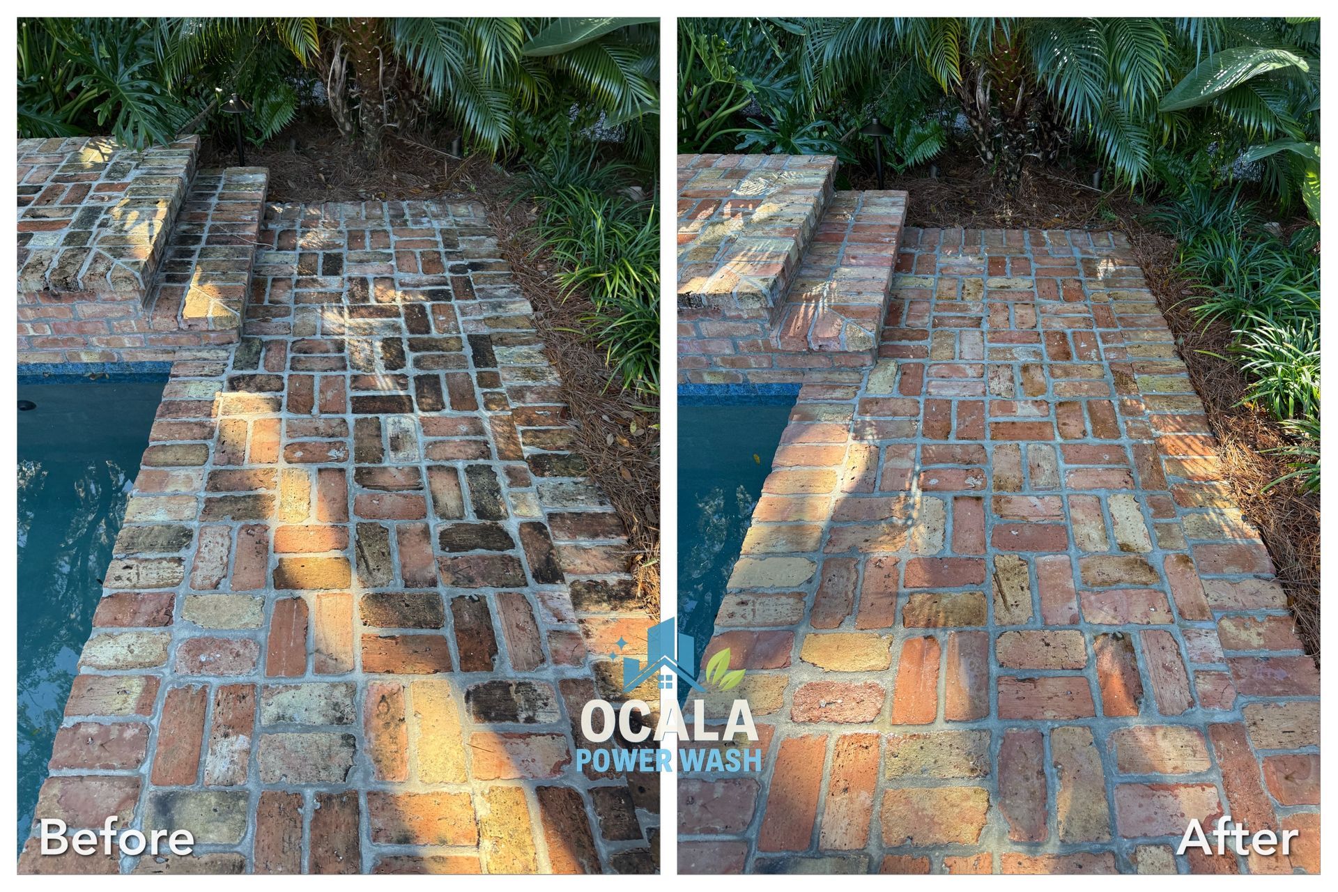 Before-and-after view of a brick patio cleaned by power washing, with dirty left side and brighter right side.