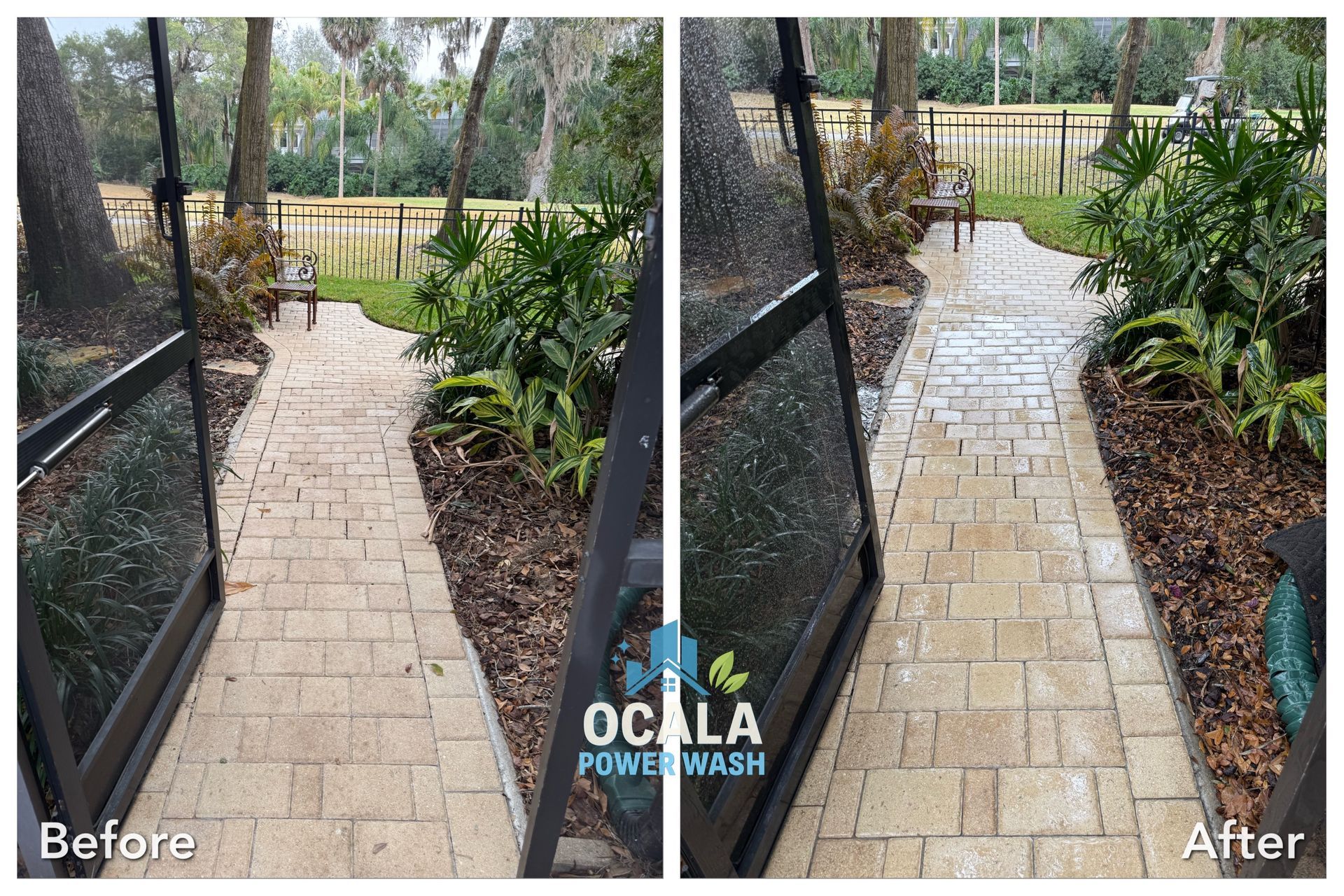 Before-and-after patio cleanup: dirty paver walkway cleaned and brightened with plants on the side.
