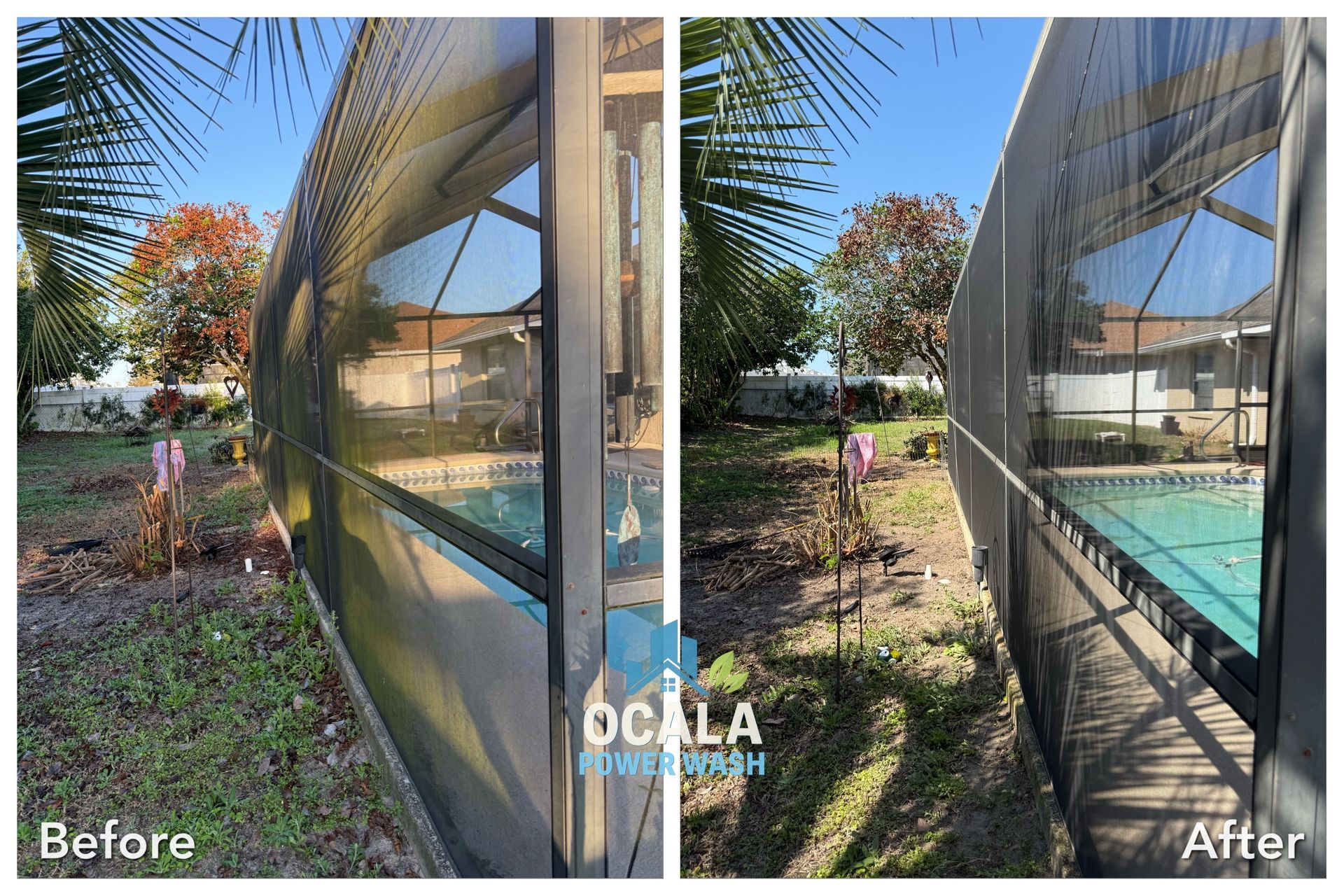 Before-and-after view of screened pool enclosure and landscaped yard, showing improved clarity on the right.