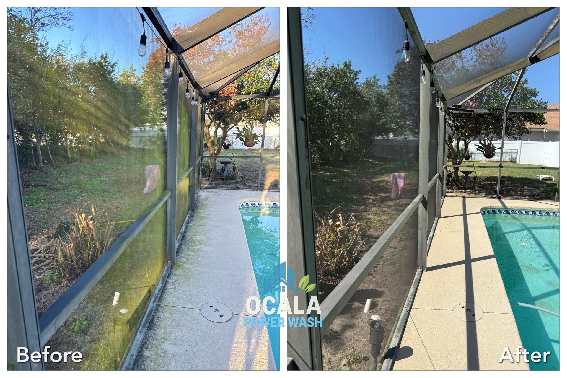 Before-and-after view of a screened pool patio with walkway, showing updated panel framing and poolside area.