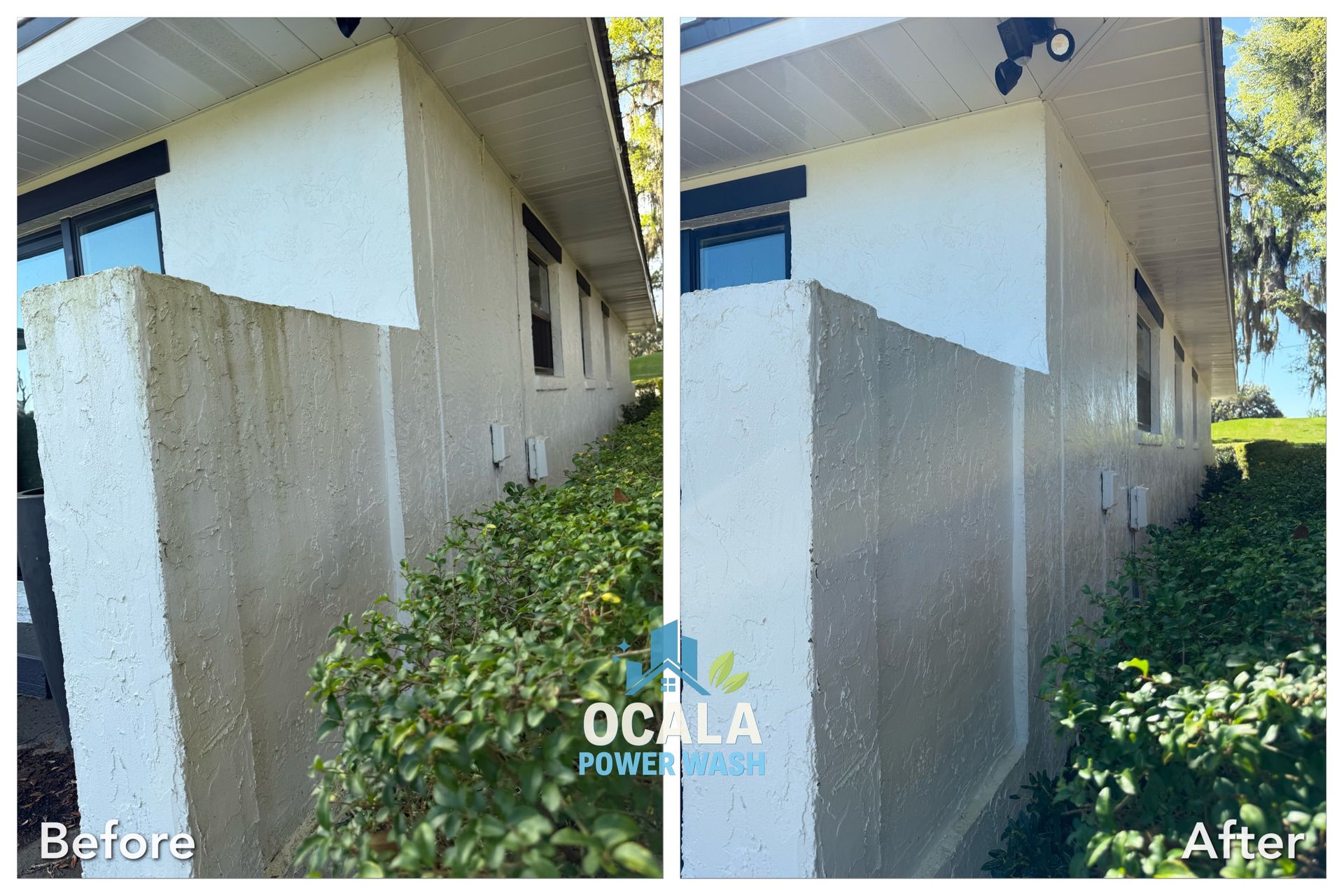 Before-and-after view of a house exterior with cleaned beige stucco walls and shrubs along the side.
