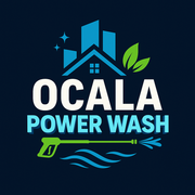 Ocala Power Wash logo with blue house, green leaves, and green pressure washer on dark background