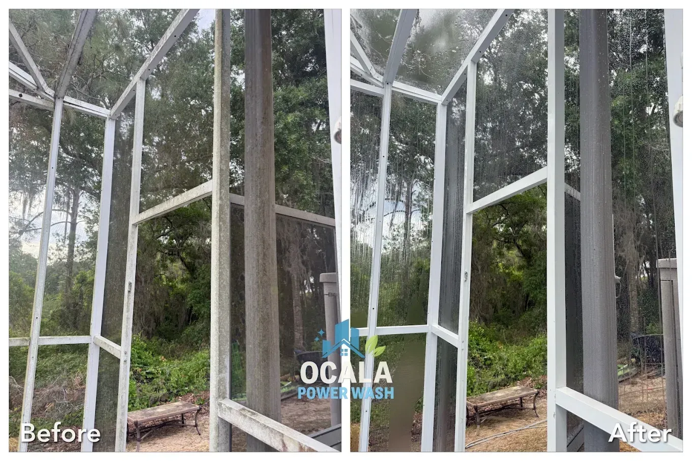 Before-and-after view of a white metal frame enclosure in a wooded area, showing added posts and panels.