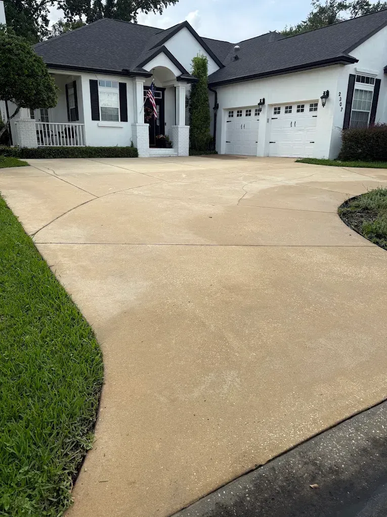 Single-story house with white siding, attached garage, and a curved concrete driveway under an overcast sky