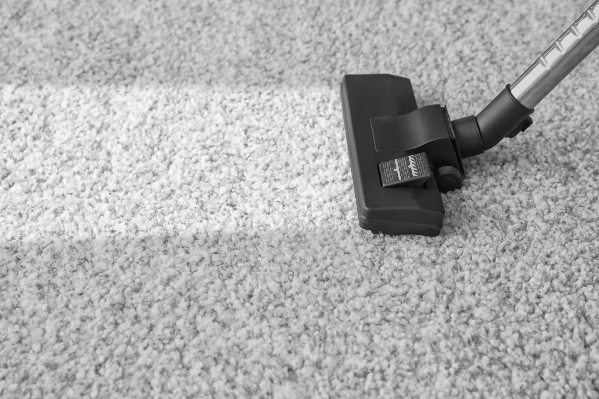 A vacuum cleaner nozzle cleaning a strip of carpet, leaving a clean path on the textured surface.