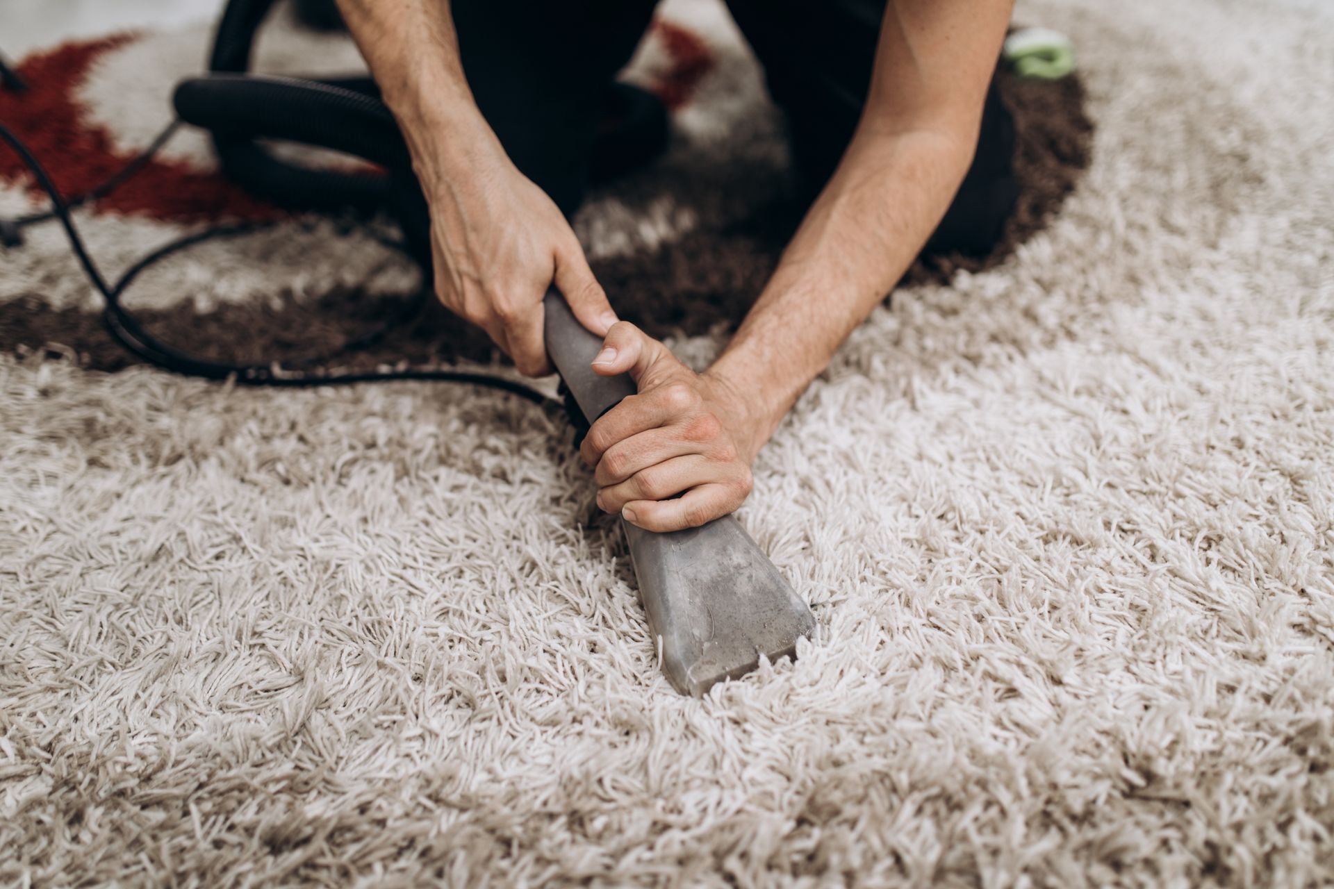Close-up of hands using a vacuum extraction tool to deep clean a shaggy, beige-and-brown circular area rug.